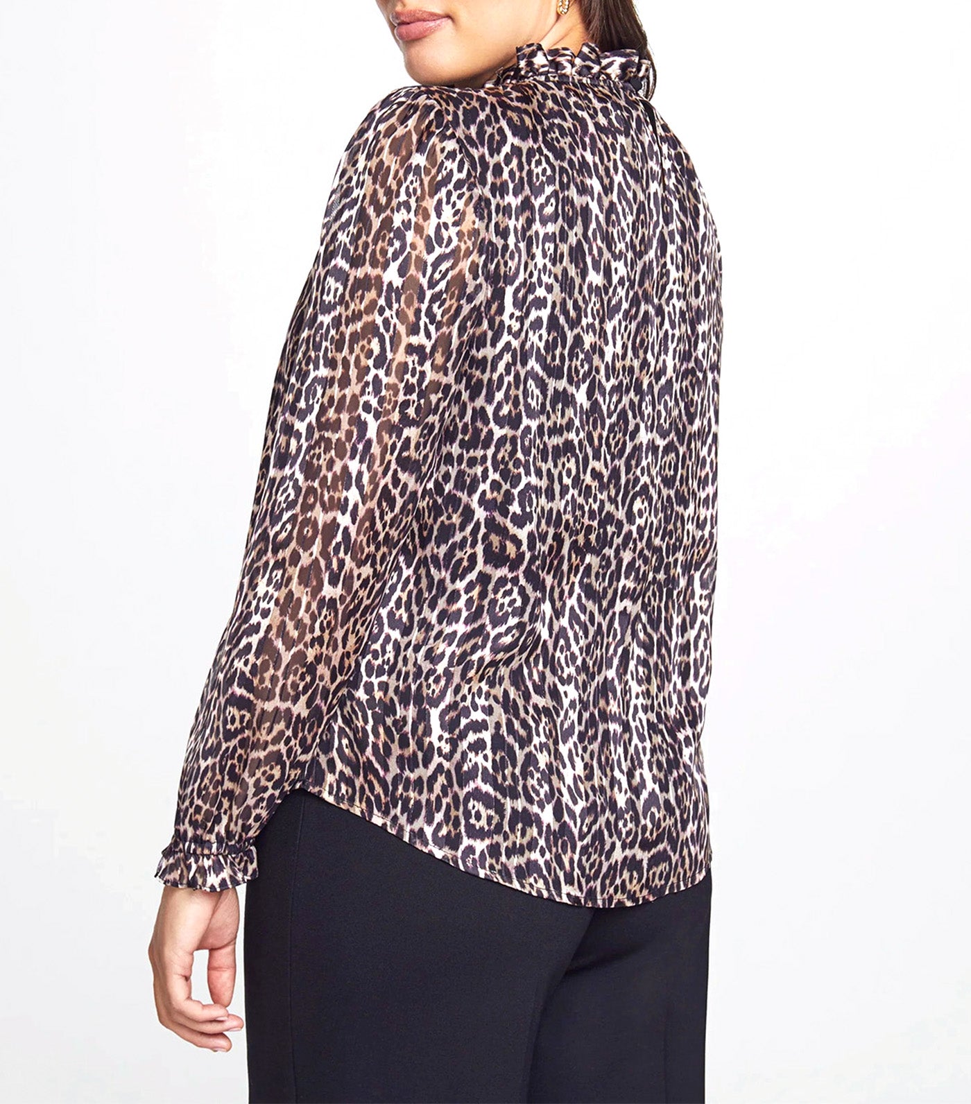 Printed Long Sleeve Ruffle Neck Blouse Light Coffee/Vicuna