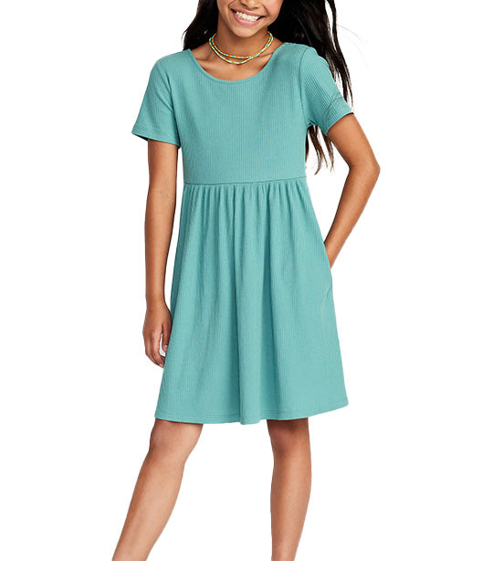 Short-Sleeve Rib-Knit Dress for Girls Parisian Green