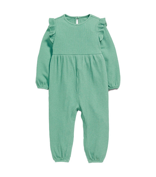 Long-Sleeve Rib-Knit Ruffle-Trim Jumpsuit for Baby Parisian Green