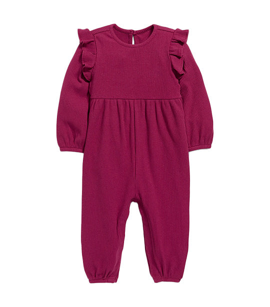 Long-Sleeve Rib-Knit Ruffle-Trim Jumpsuit for Baby Noble Garnet