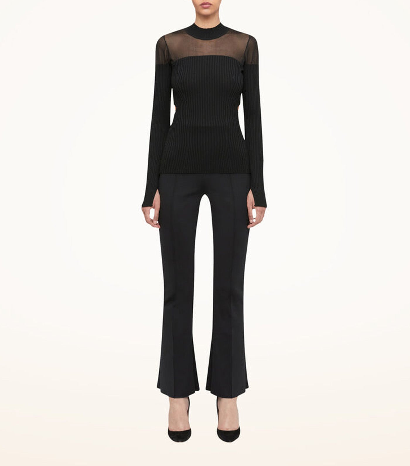 Contoured Ribs Long Sleeve Top Black