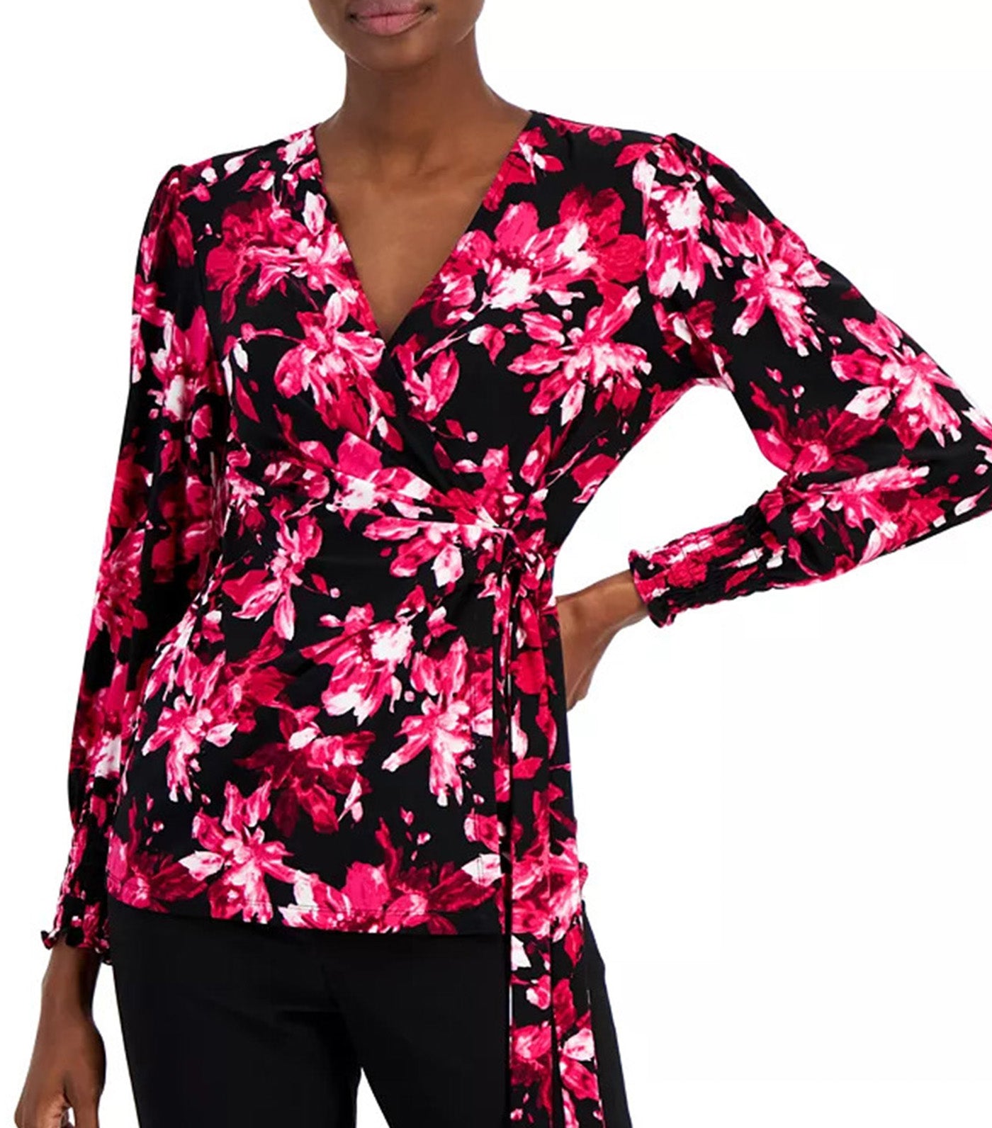 Women's V-Neck Side-Tie Printed Knit Top Anne Black/Amaranth Multi