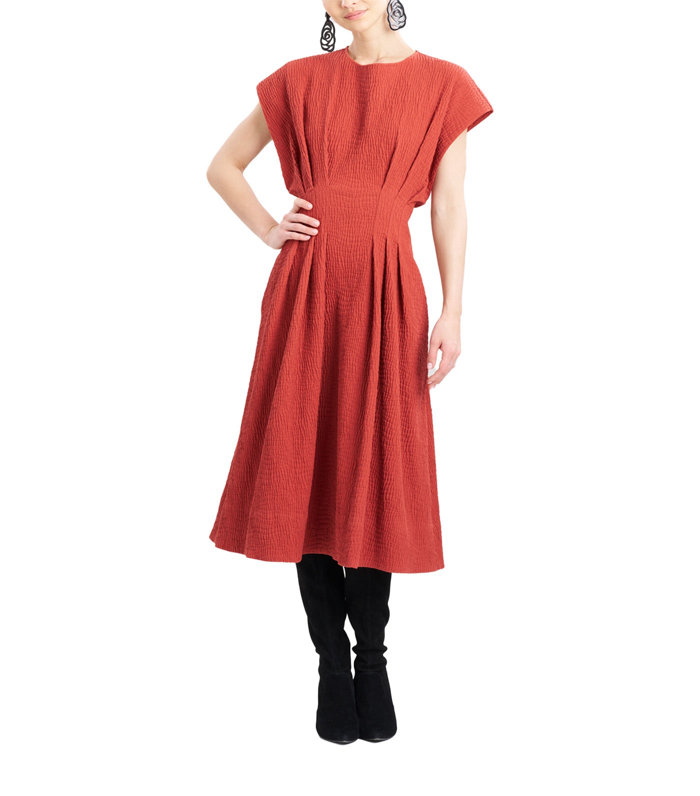 Textured Cotton Jacquard Pleated Dress Paprika