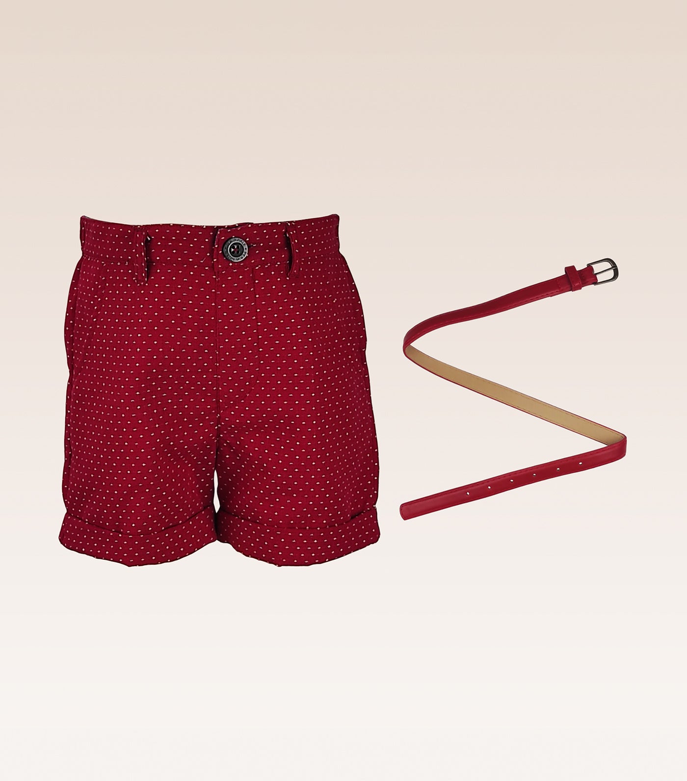 Carly Girls Red Dobby Print Shorts Turn-Up Bottom Hem with Faux Belt