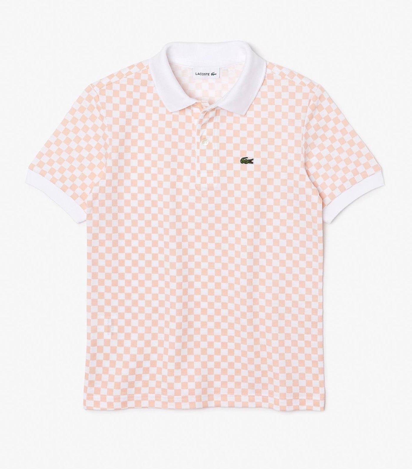 Boys’ Lacoste Checkerboard Print Cotton Piqué Polo Shirt Waterlily/White