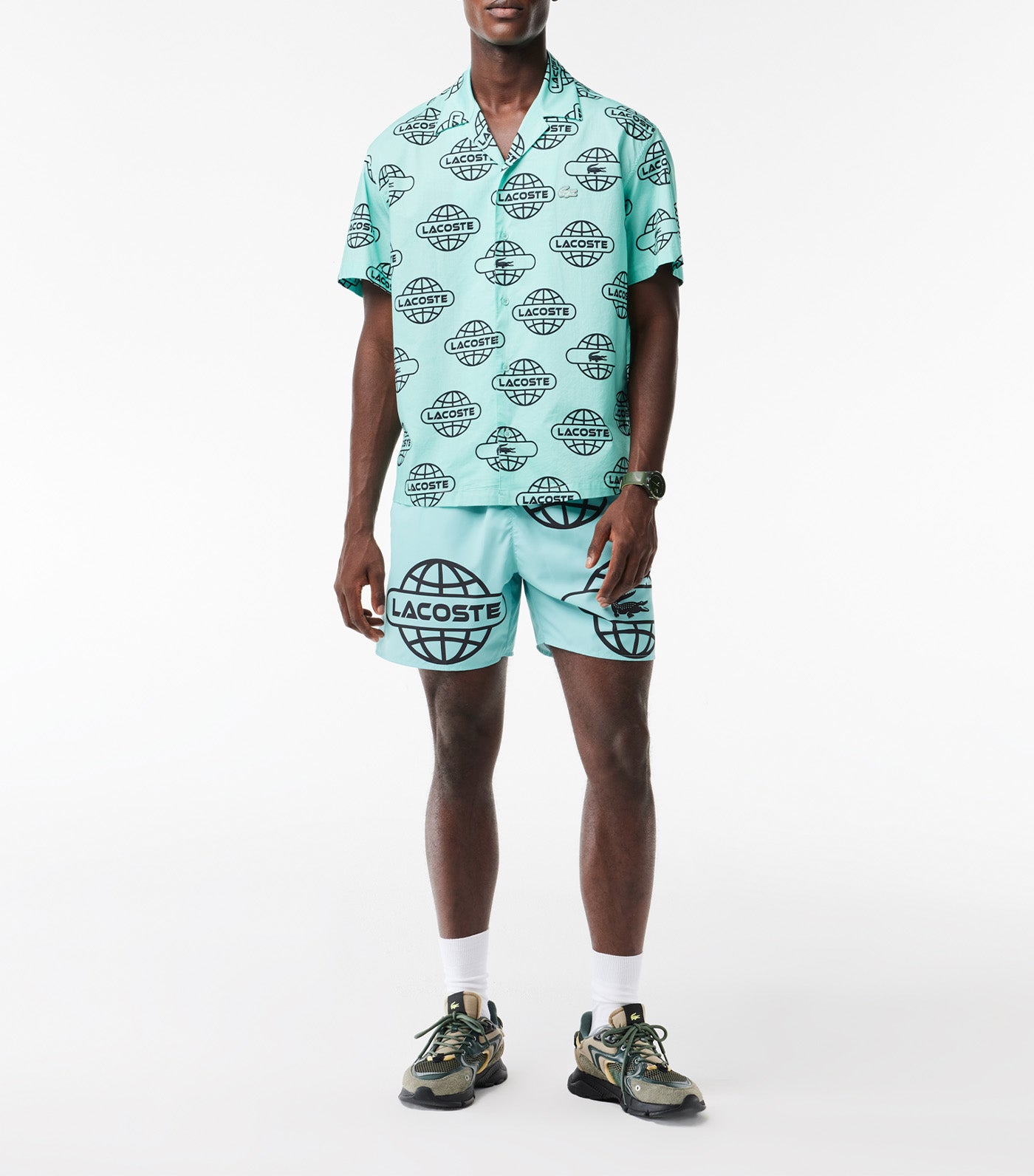 Globe Print Lacoste Cotton Twill Shirt Pastille Mint/Black
