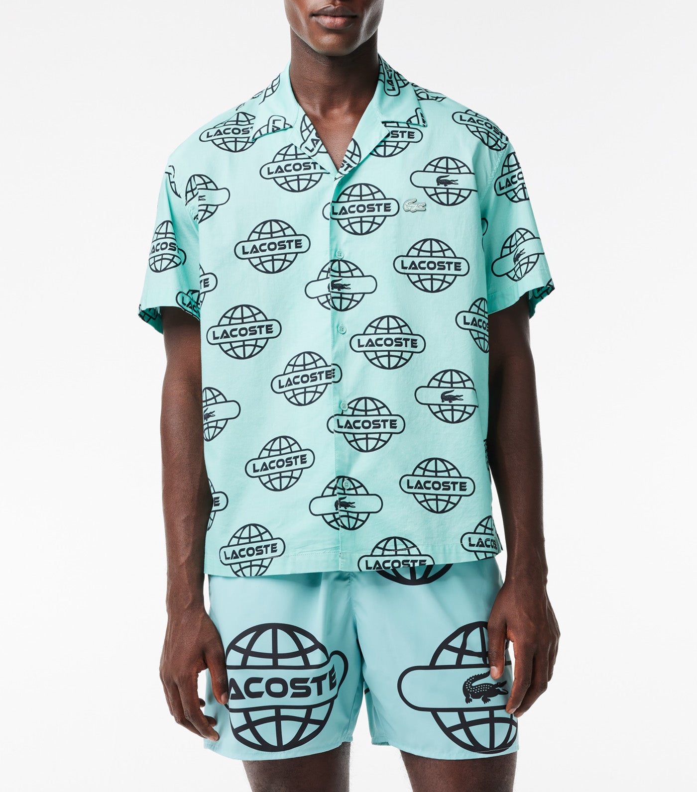 Globe Print Lacoste Cotton Twill Shirt Pastille Mint/Black