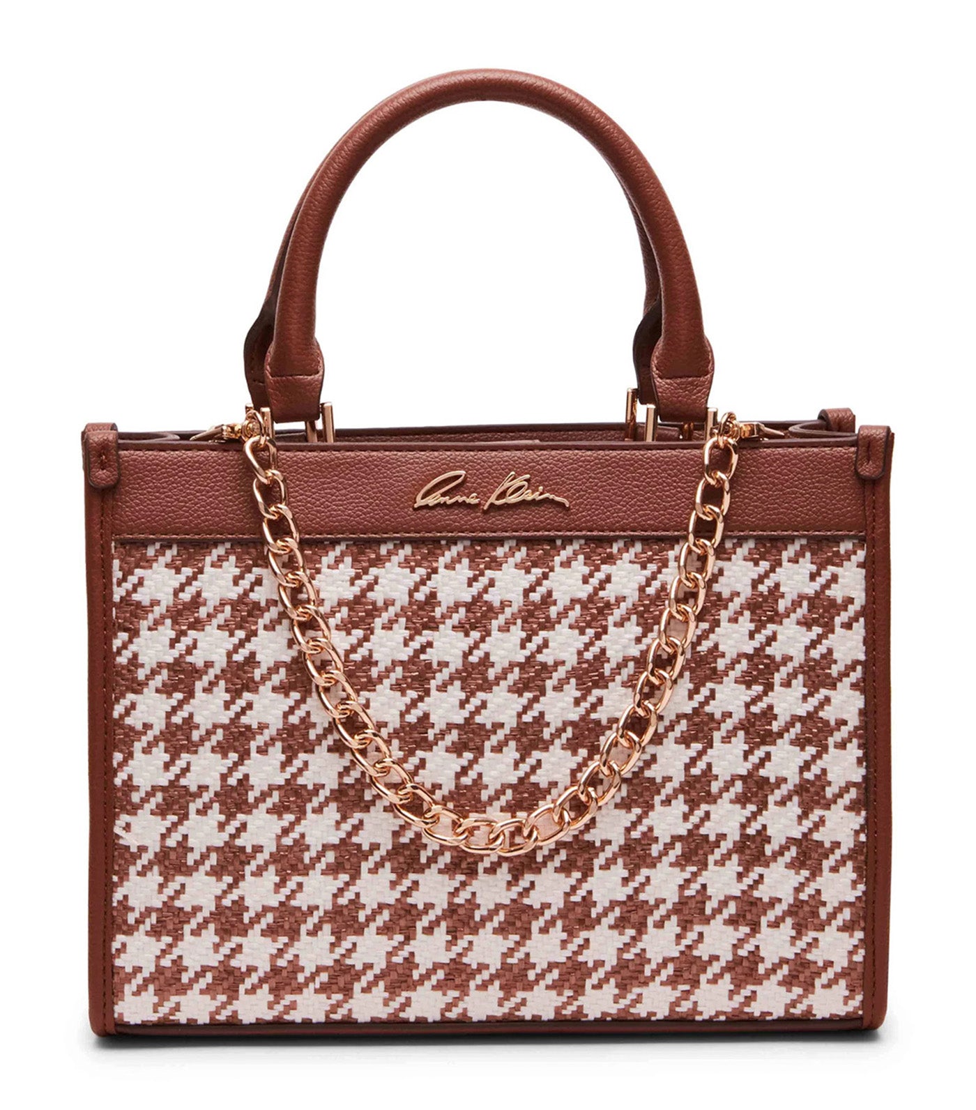Mini Tote with Chain Swag in Woven Houndstooth Chestnut