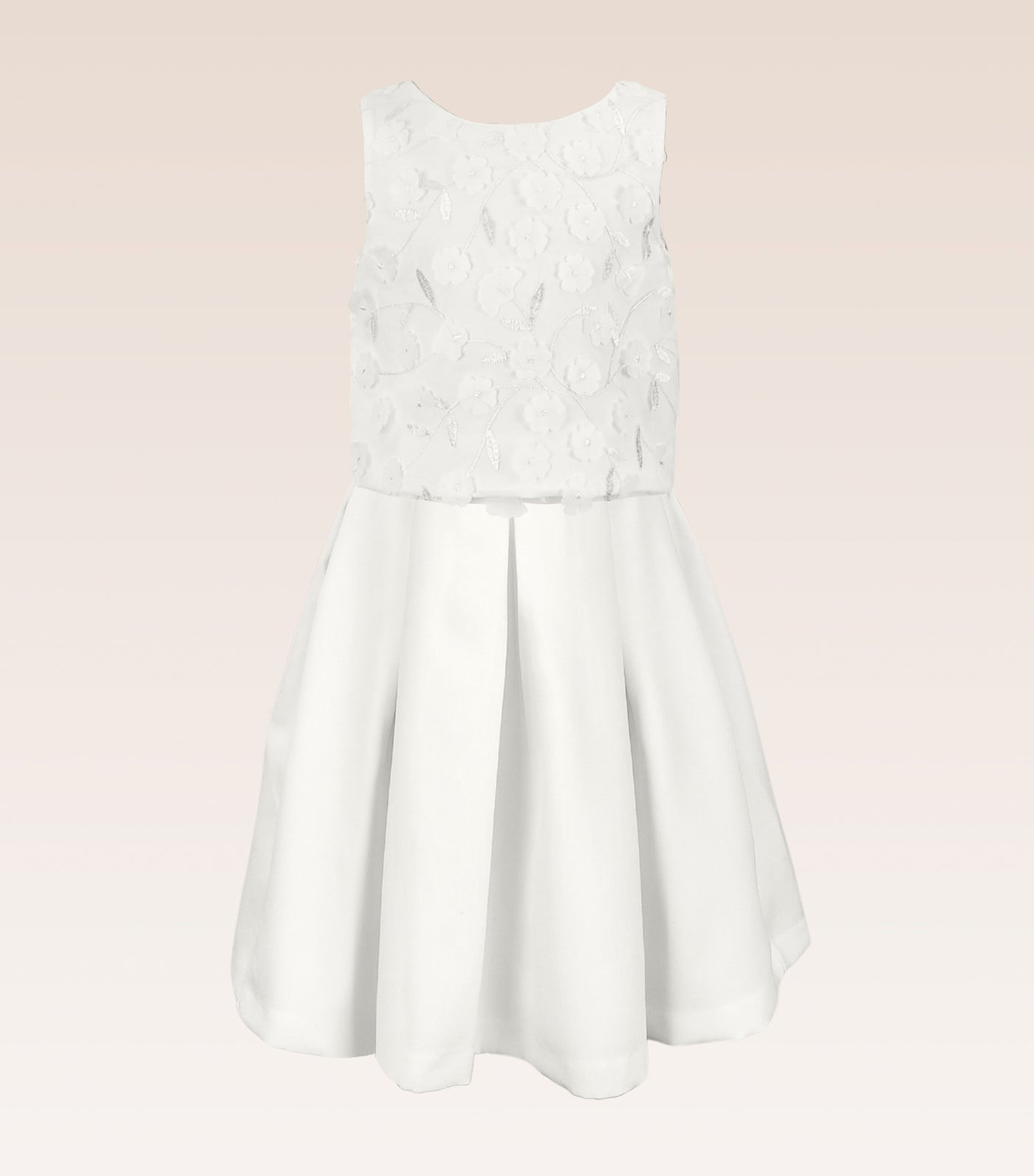 Gwen Girls White Party Dress Shell Mesh Floral Top and Pleated Skirt
