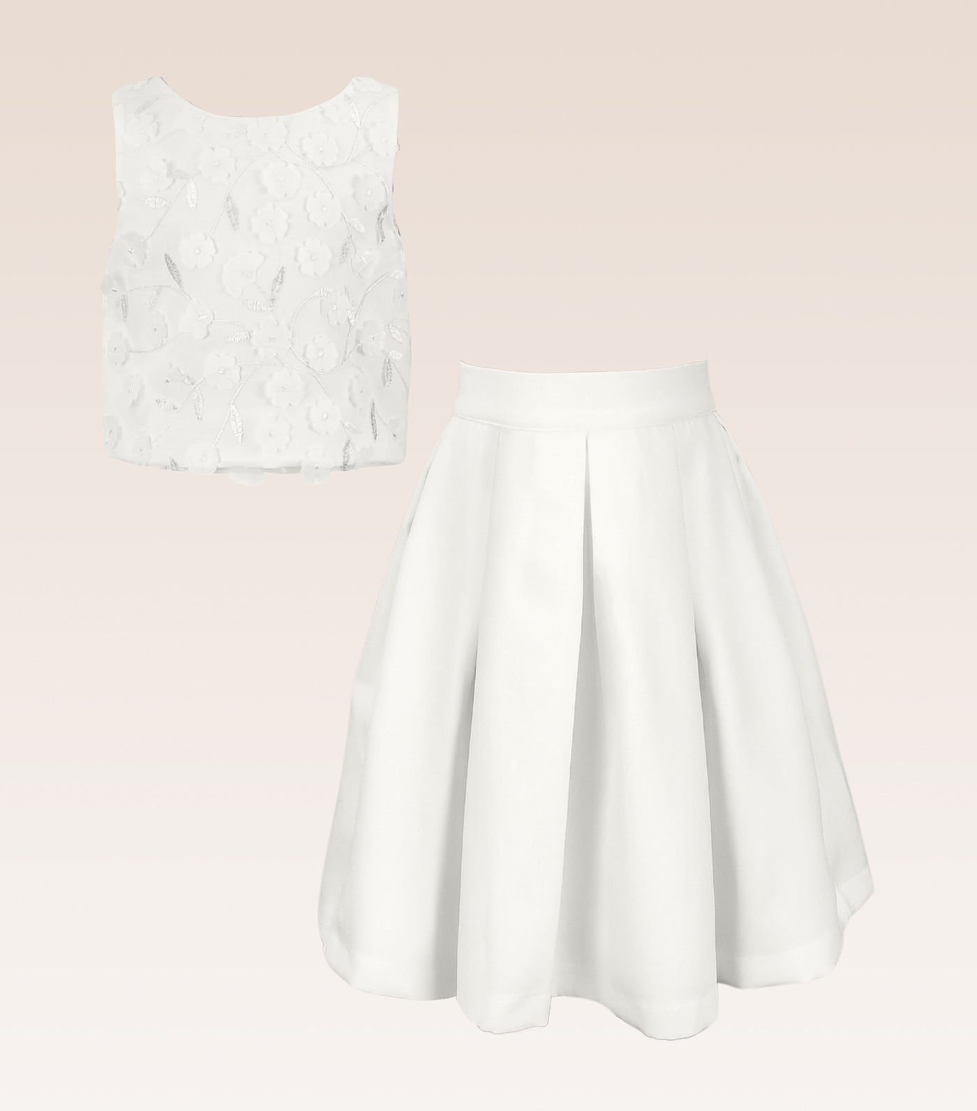 Gwen Girls White Party Dress Shell Mesh Floral Top and Pleated Skirt