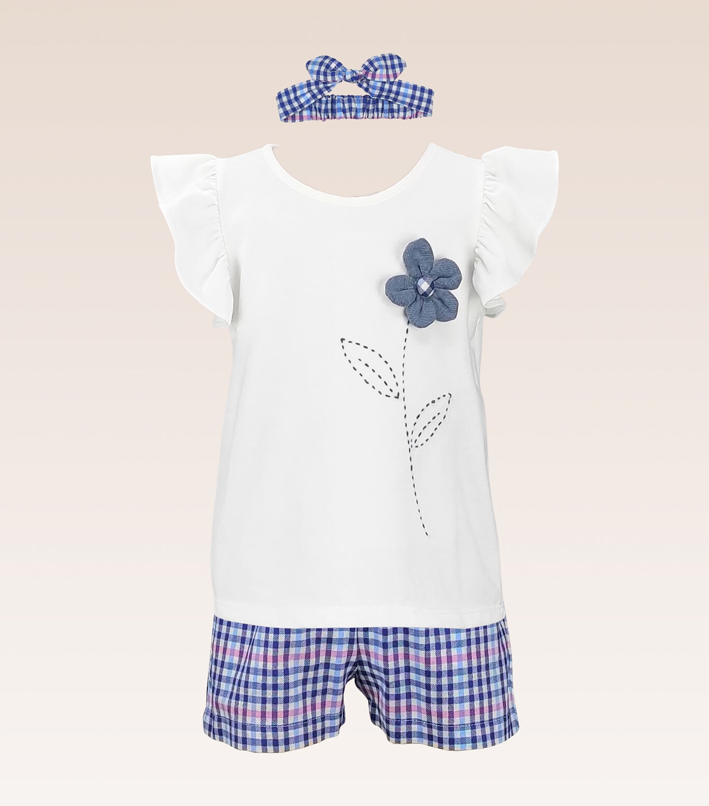 Candice Baby Girls Top and Checkered Shorts Set with Headband