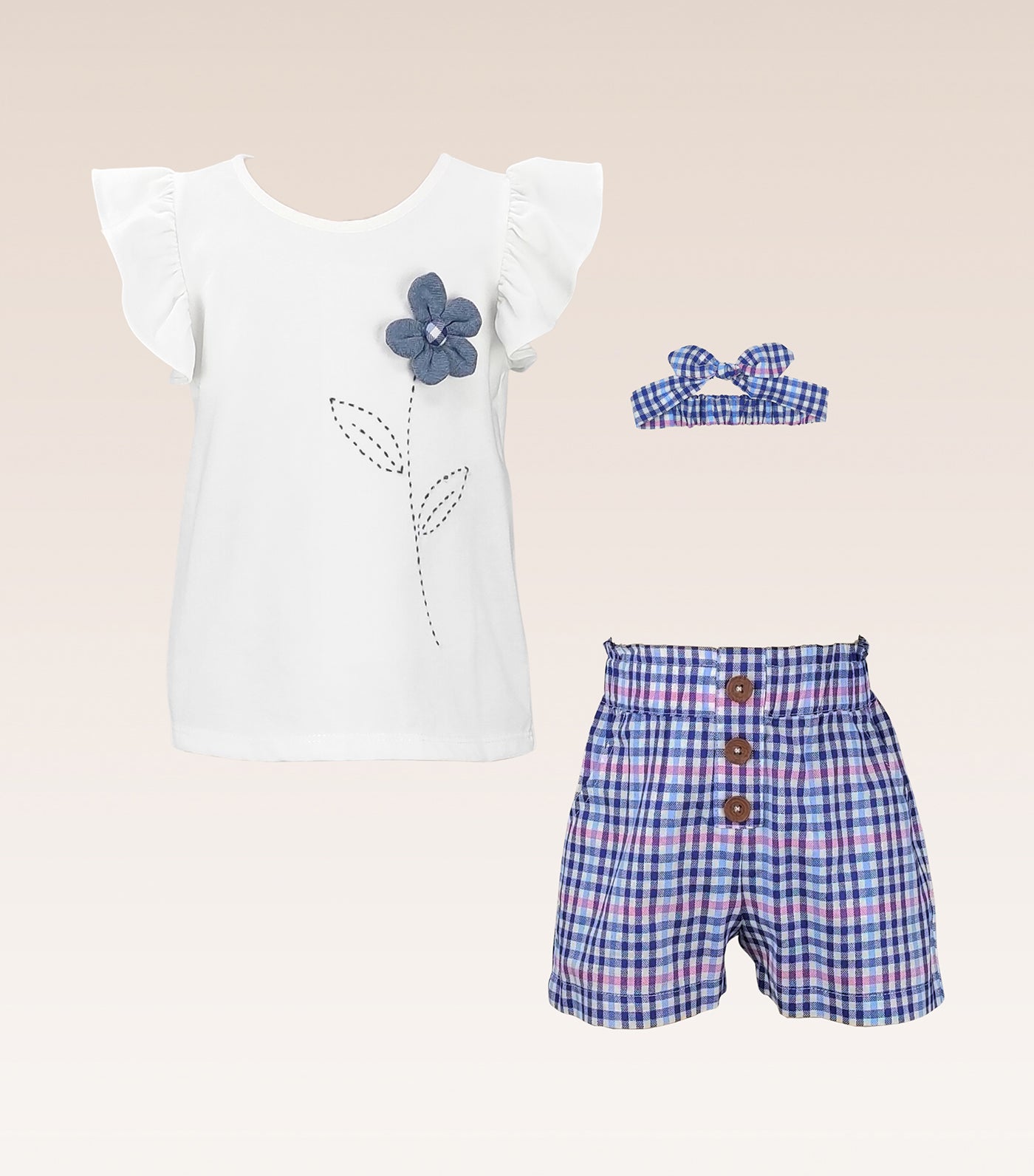Candice Baby Girls Top and Checkered Shorts Set with Headband