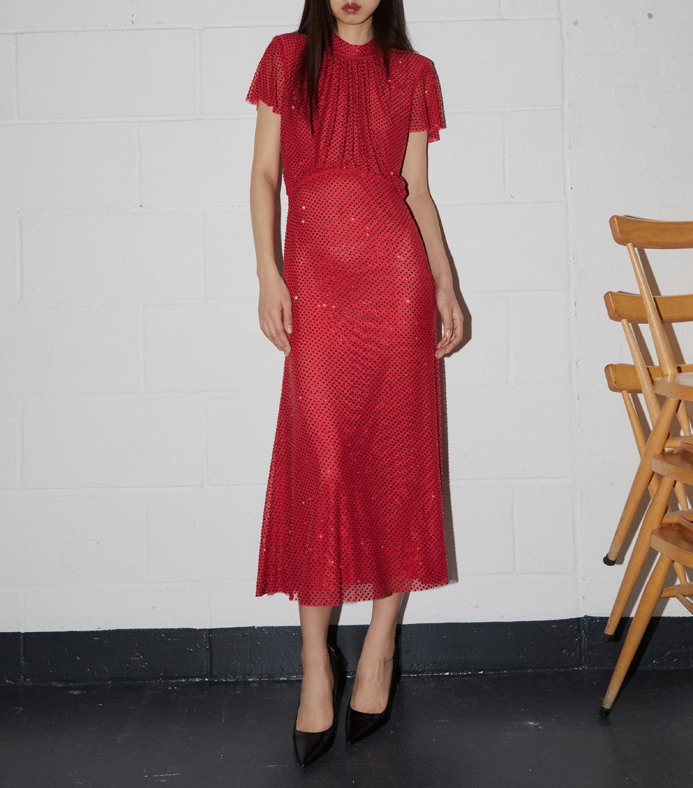 Rhinestone Mesh Midi Dress Red