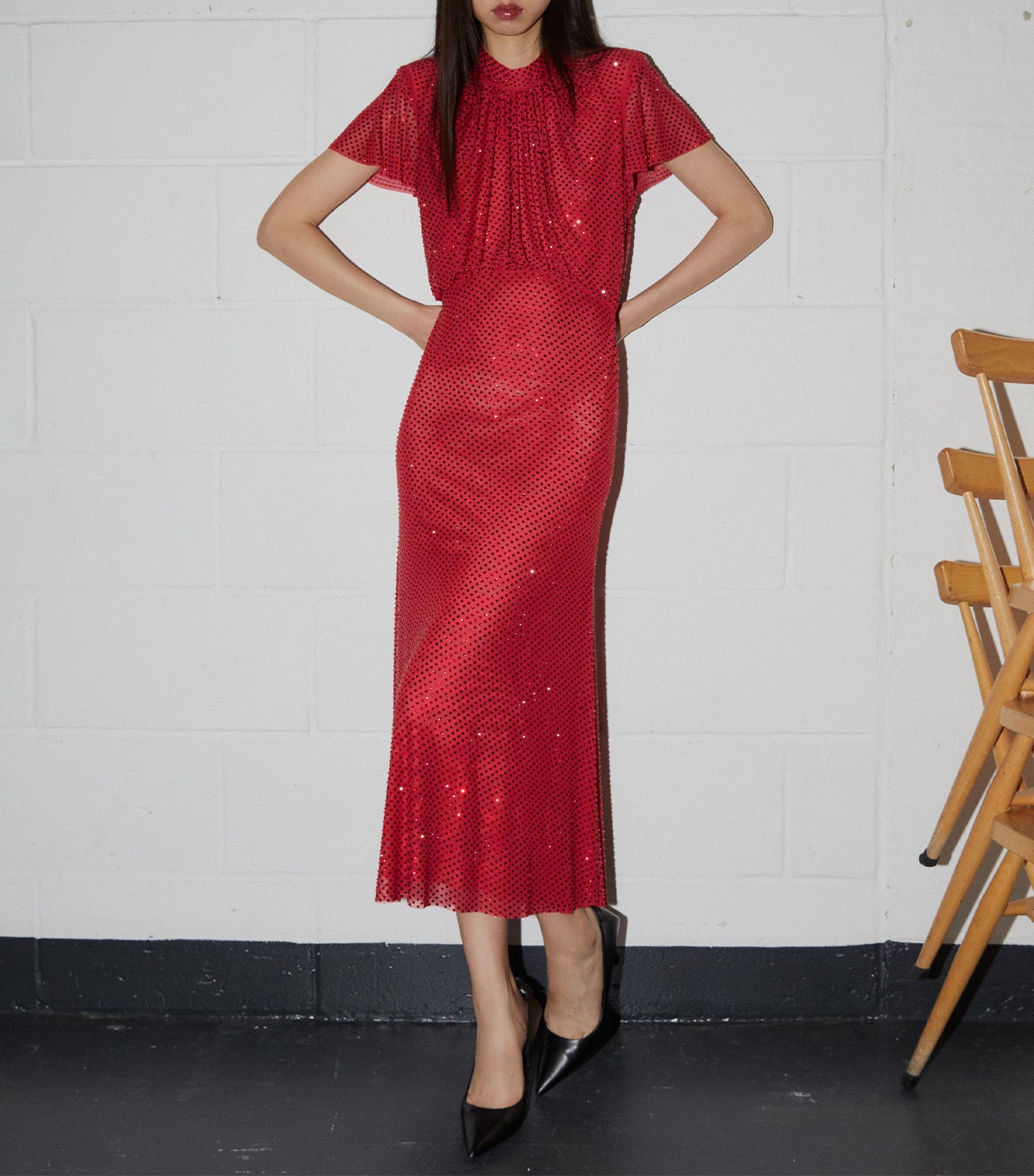 Rhinestone Mesh Midi Dress Red