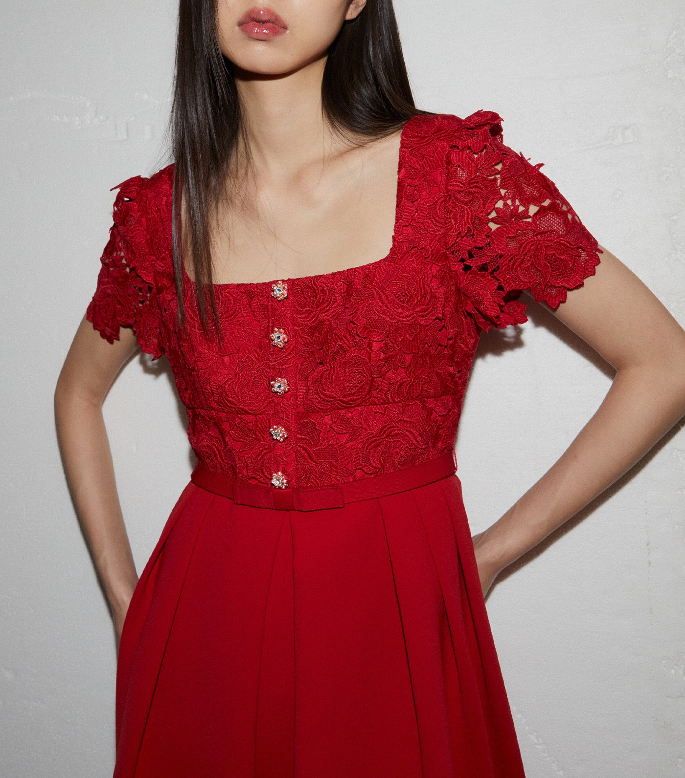 Lace Crepe Midi Dress Red