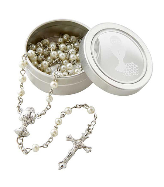 White Pearl Rosary with Chalice Centerpiece and Case