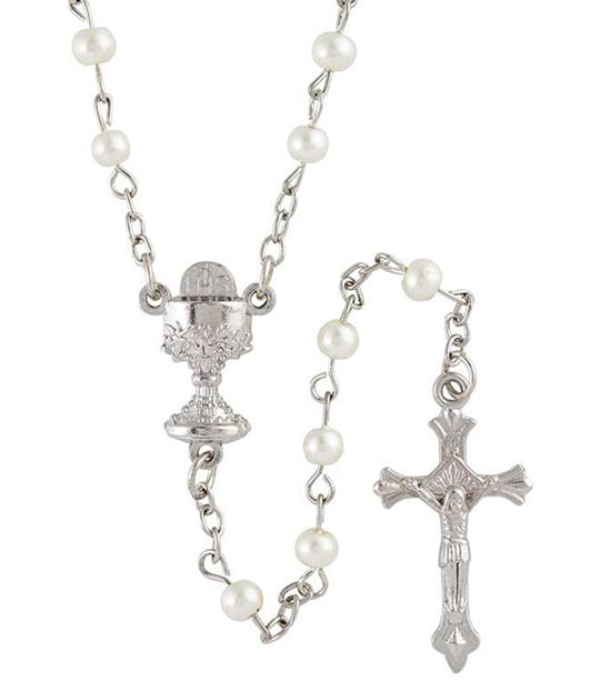 White Pearl Rosary with Chalice Centerpiece and Case