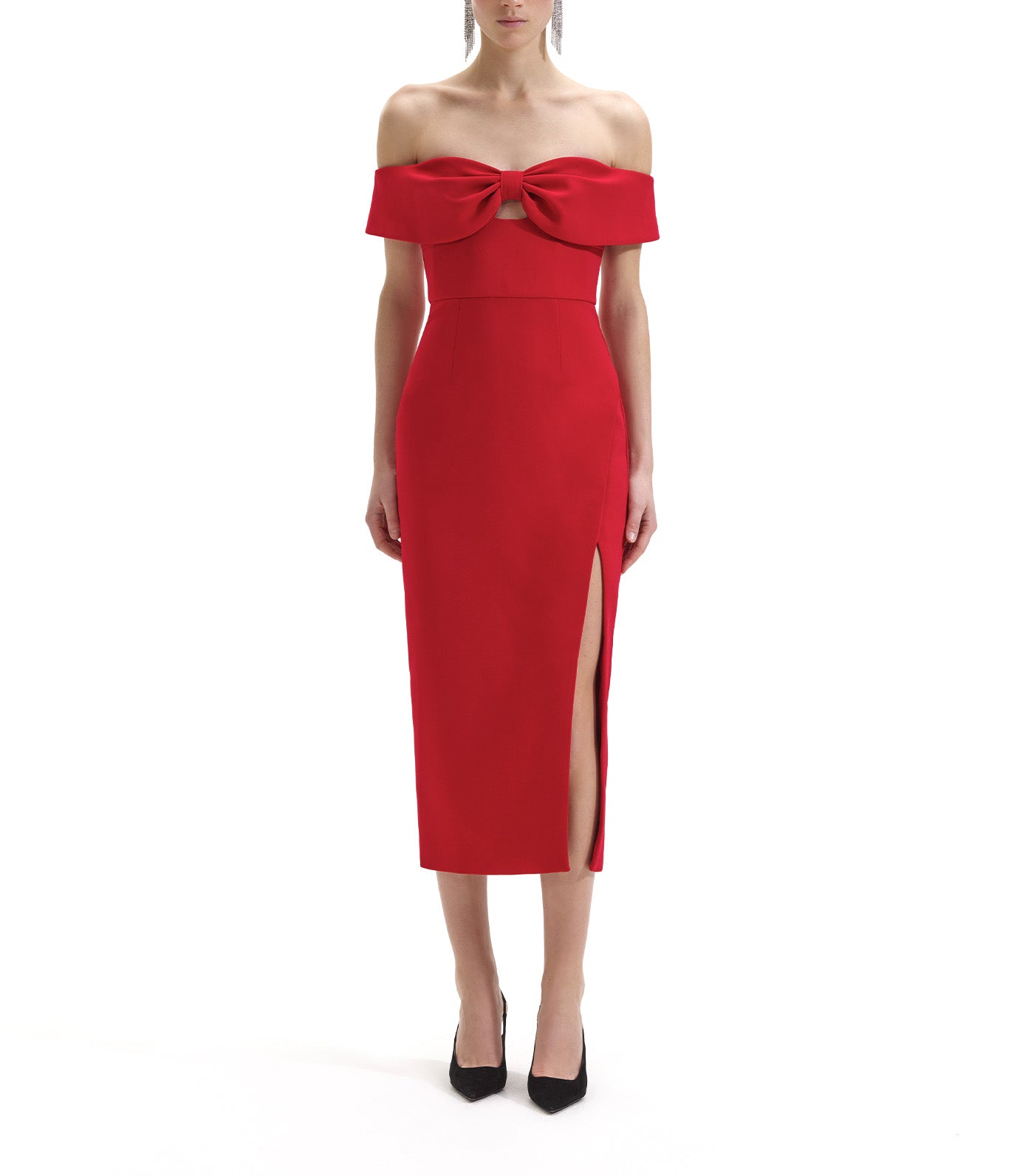 Crepe Bow Midi Dress Red