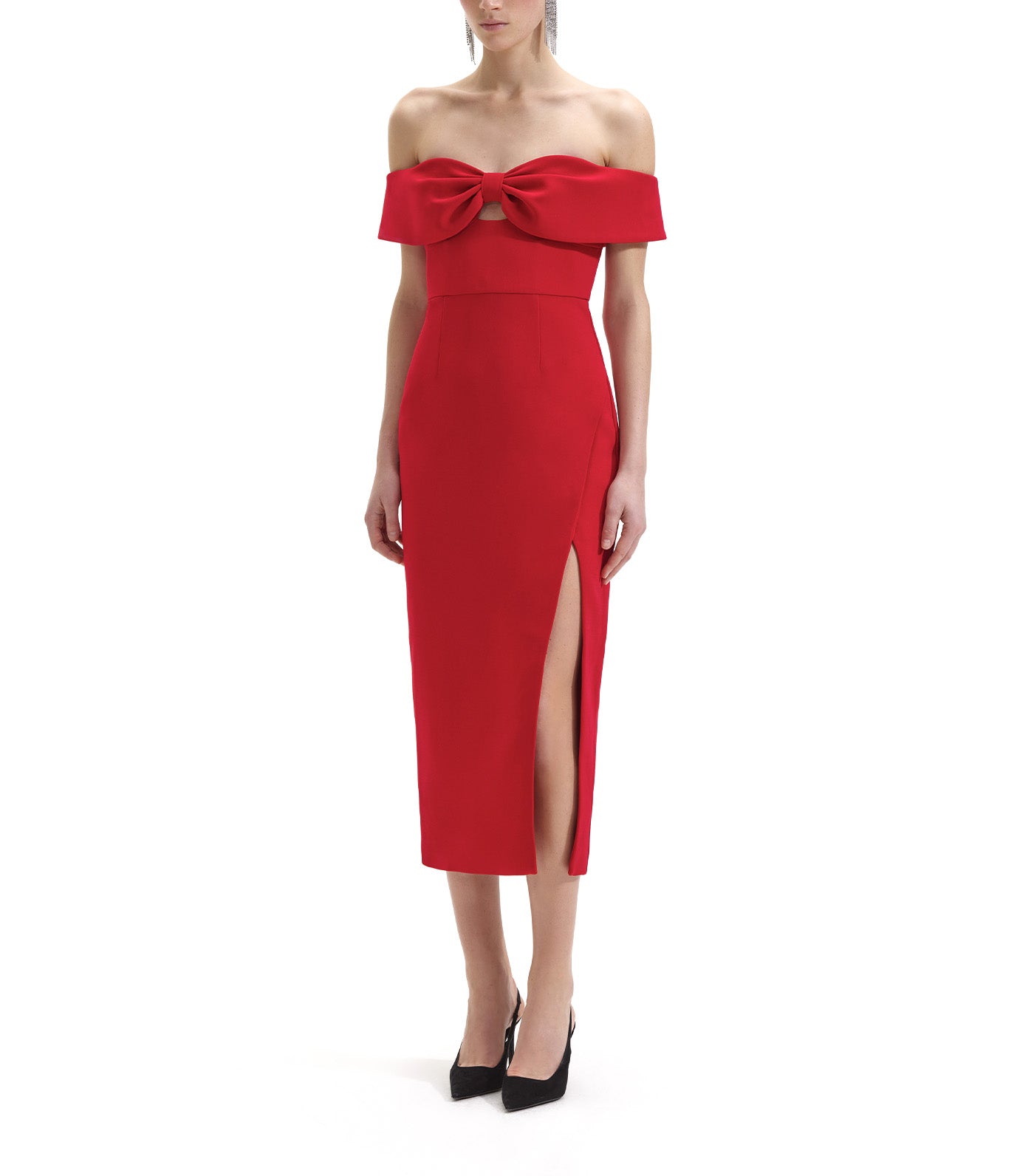 Crepe Bow Midi Dress Red