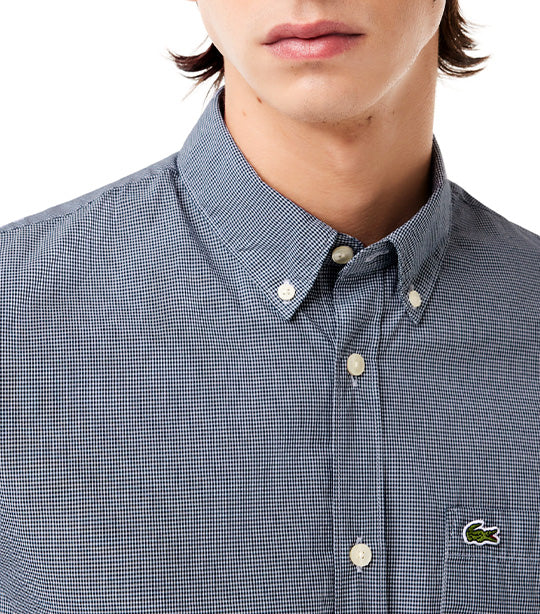 Short Sleeved Regular Fit Gingham Print Shirt White/Navy Blue