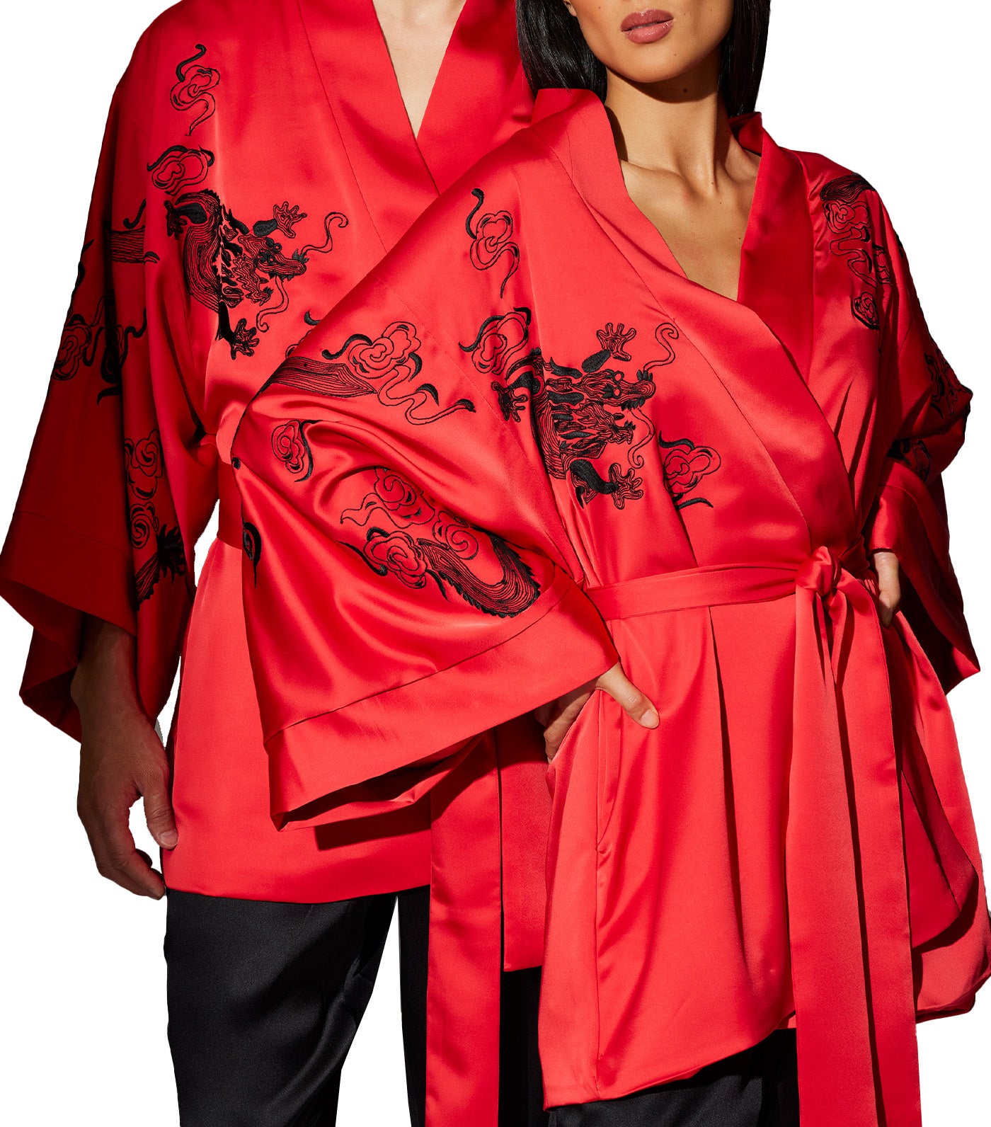 Dragon Luxe Charmeuse Kimono with Embroidery Rouge