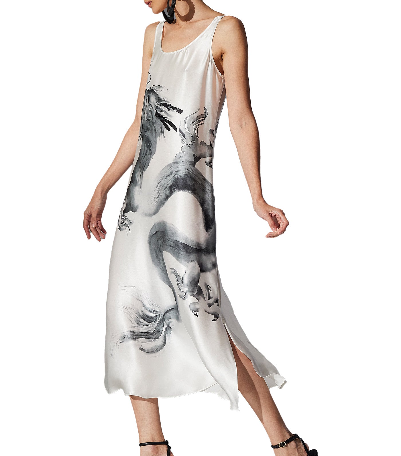Ink Dragon Silk Gown White/Black