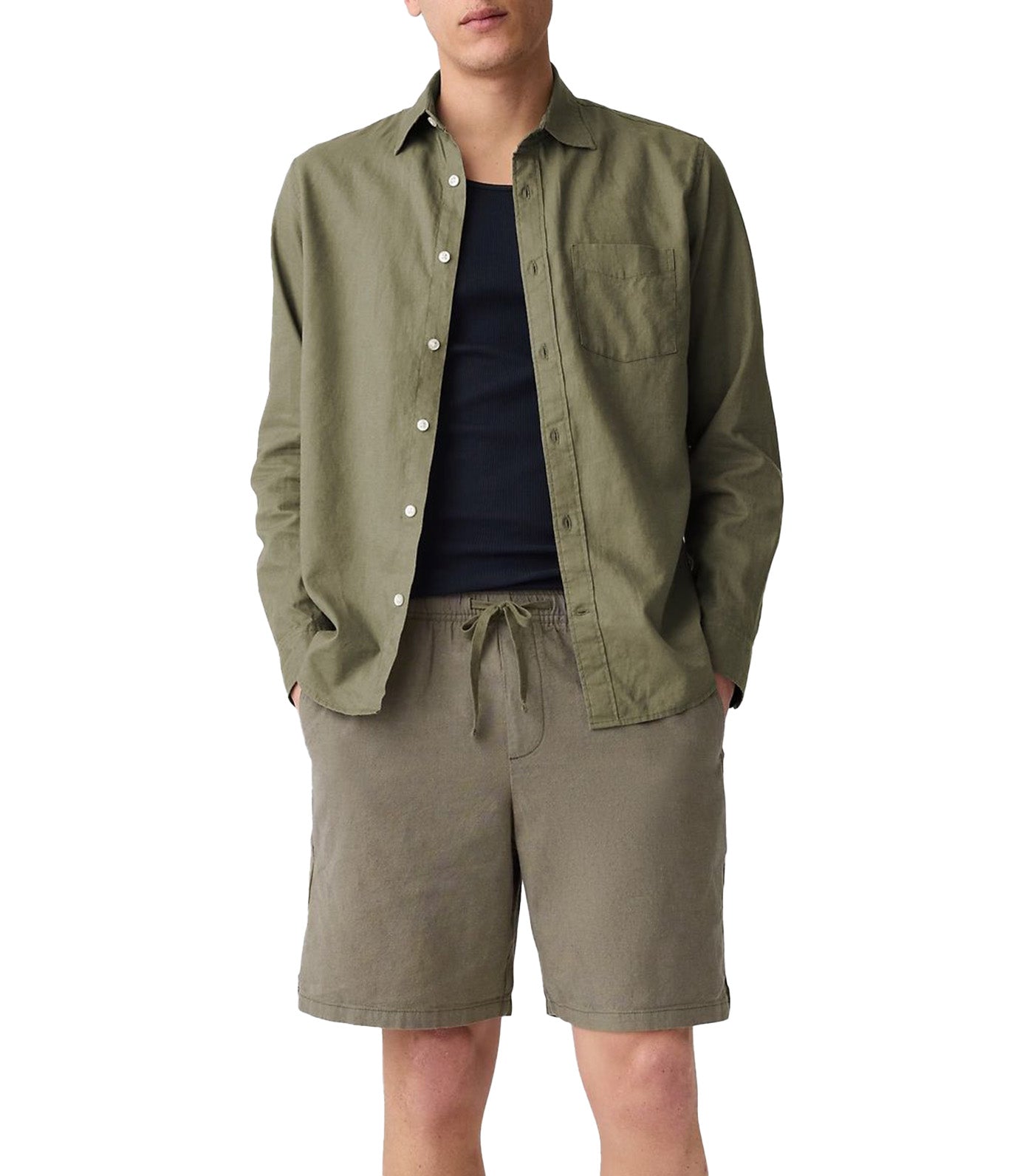 Linen-Blend Shirt in Standard Fit Olive Green