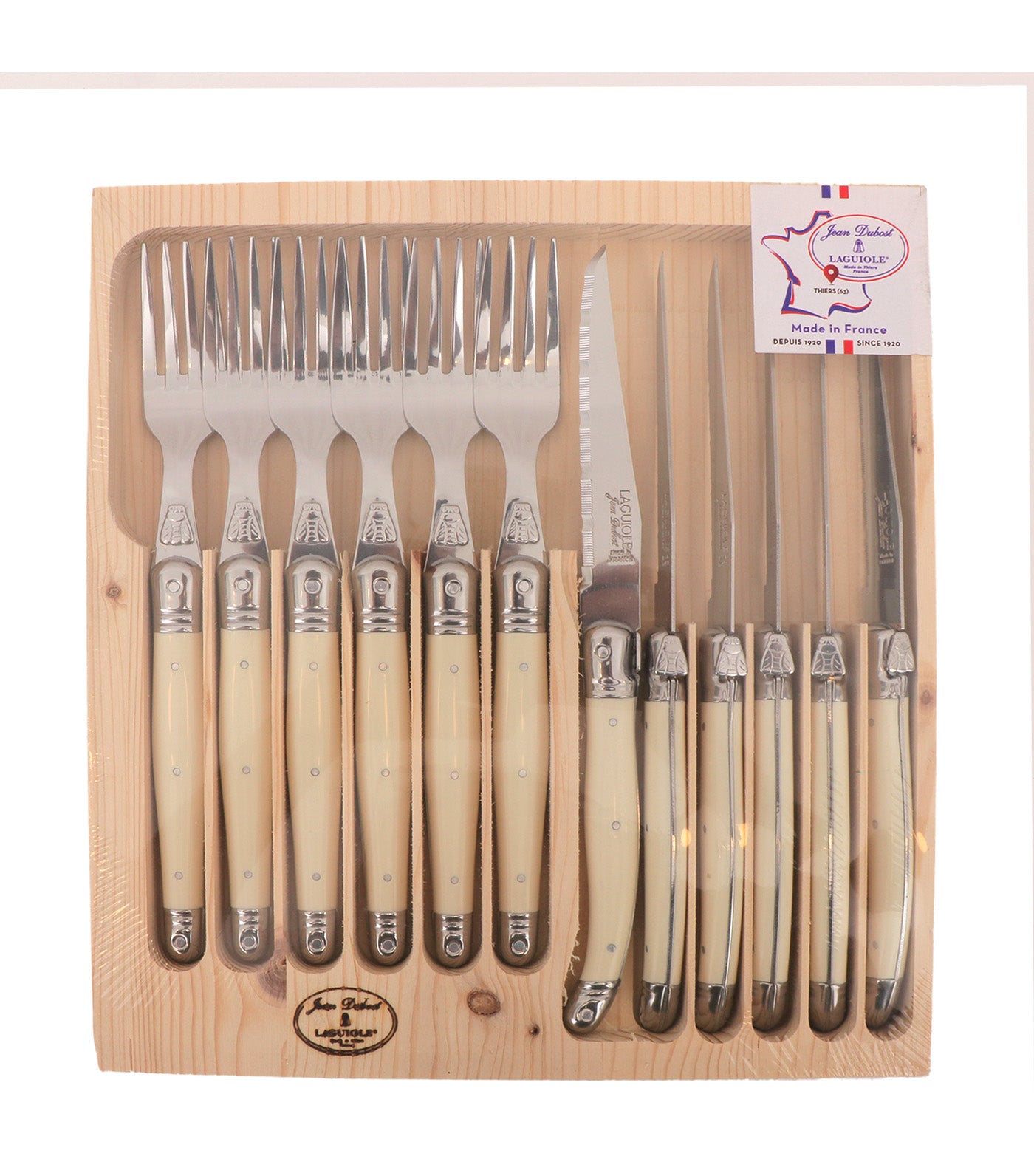 12-Piece Laguiole Fork and Steak Knife Set With ABS Handle and Natural Wood Tray