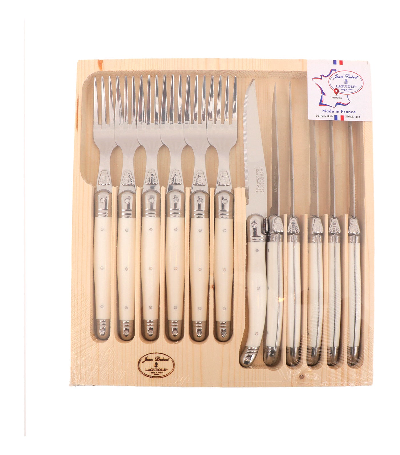 12-Piece Laguiole Fork and Steak Knife Set With ABS Handle and Natural Wood Tray