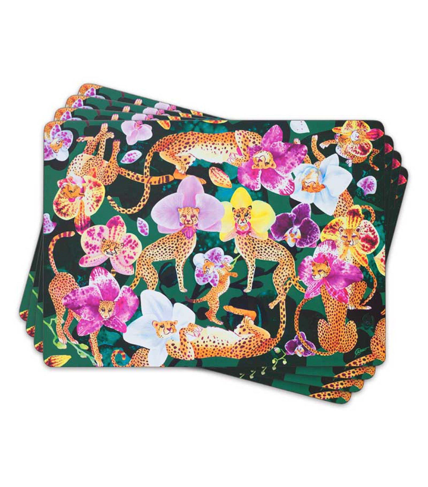 Cheetah Bloom Bloom Set Placemats, Set of 4, Green/Pink