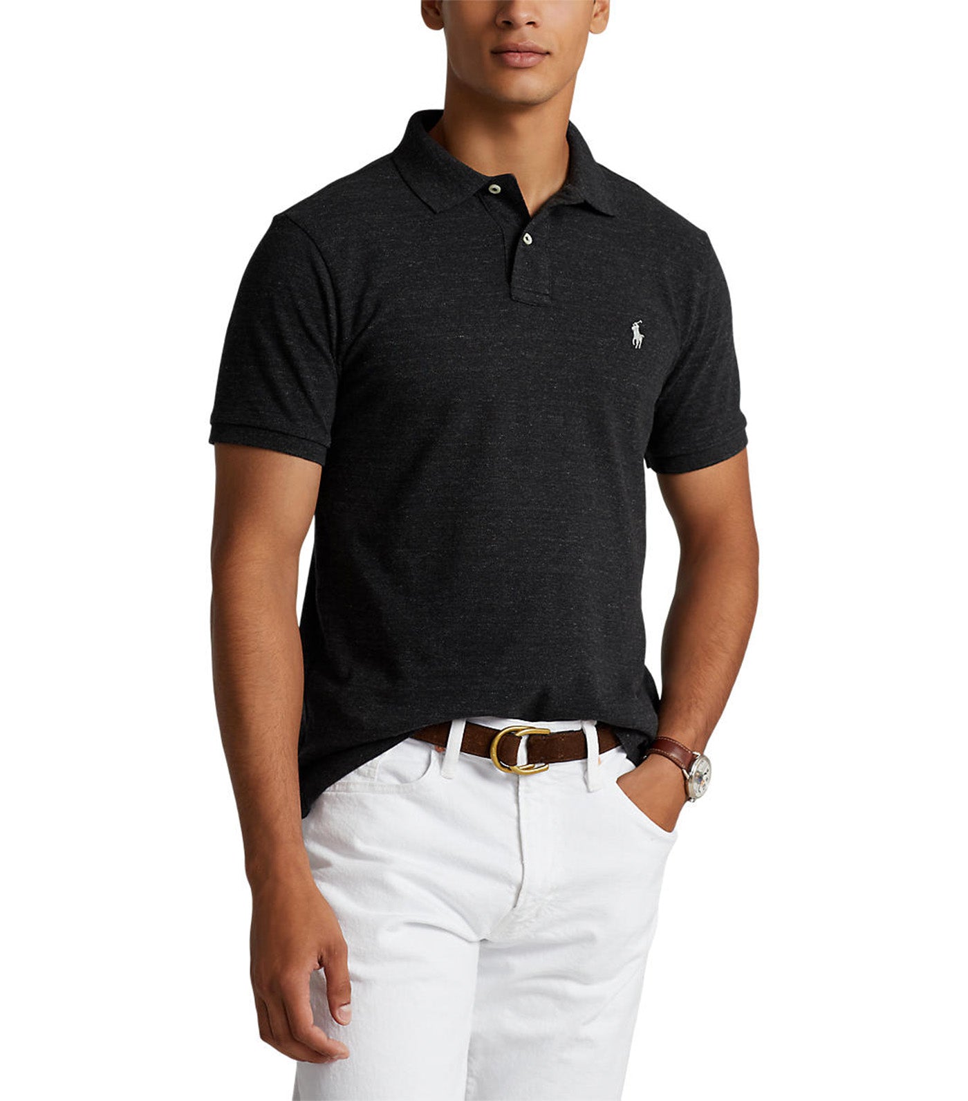 Men's Custom Slim Fit Mesh Polo Shirt Black Marl Heather