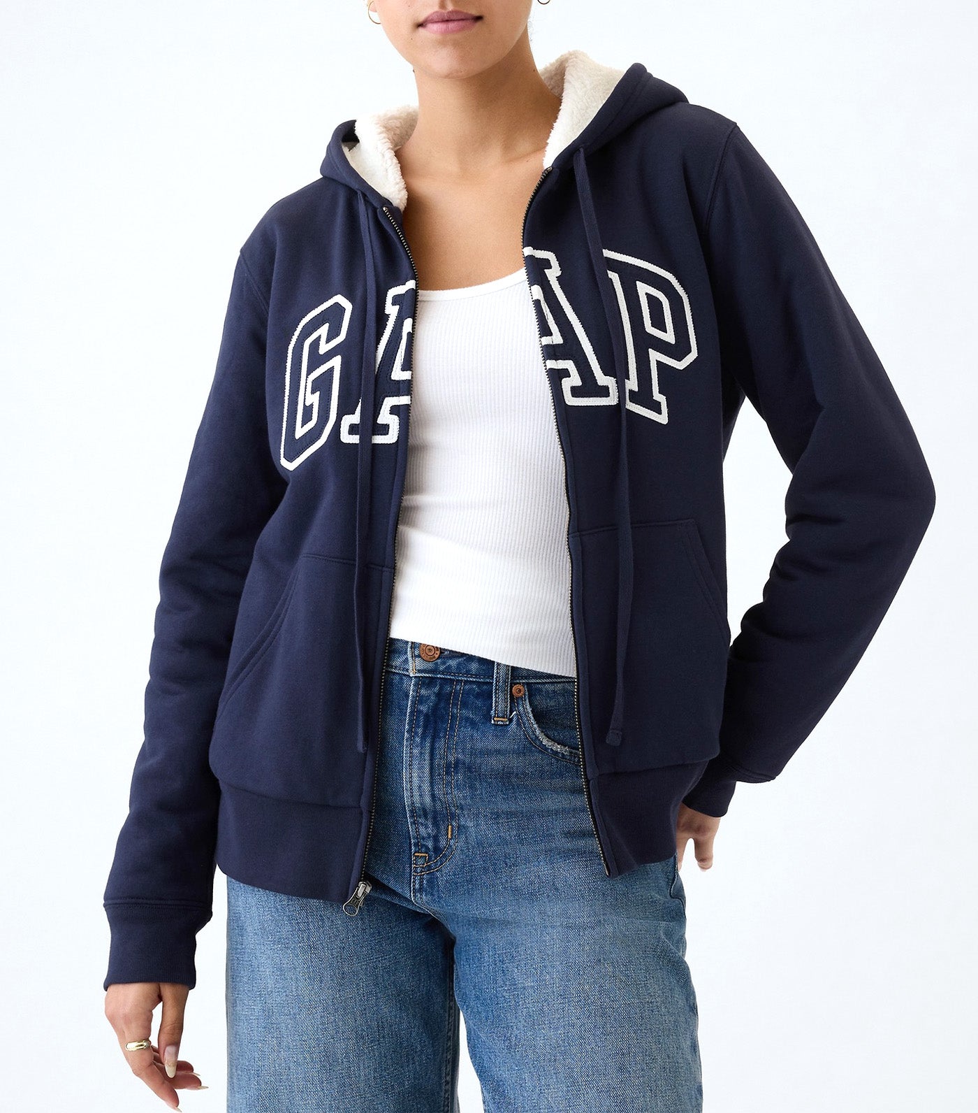 Relaxed Logo Sherpa-Lined Zip Hoodie Navy Uniform
