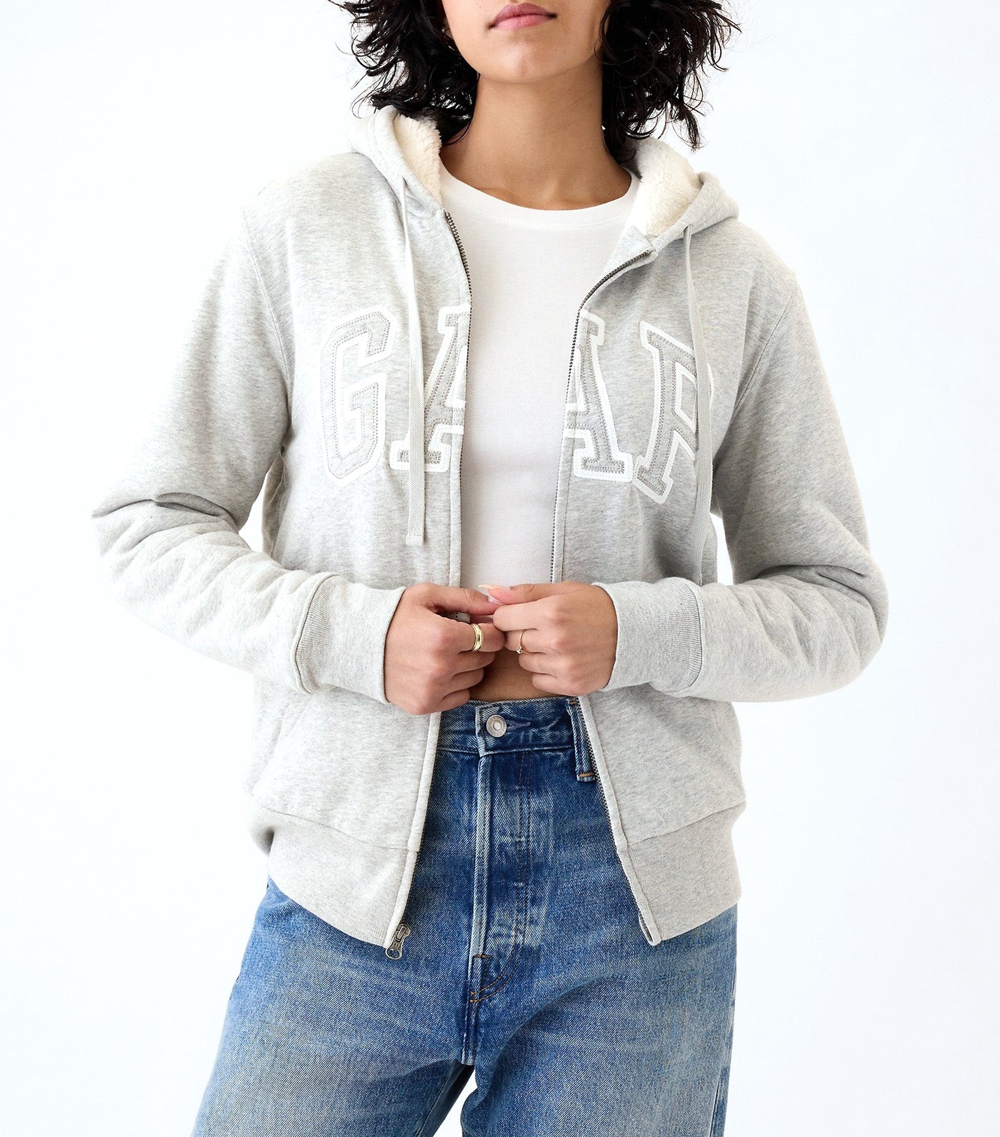 Relaxed Logo Sherpa-Lined Zip Hoodie Light Gray