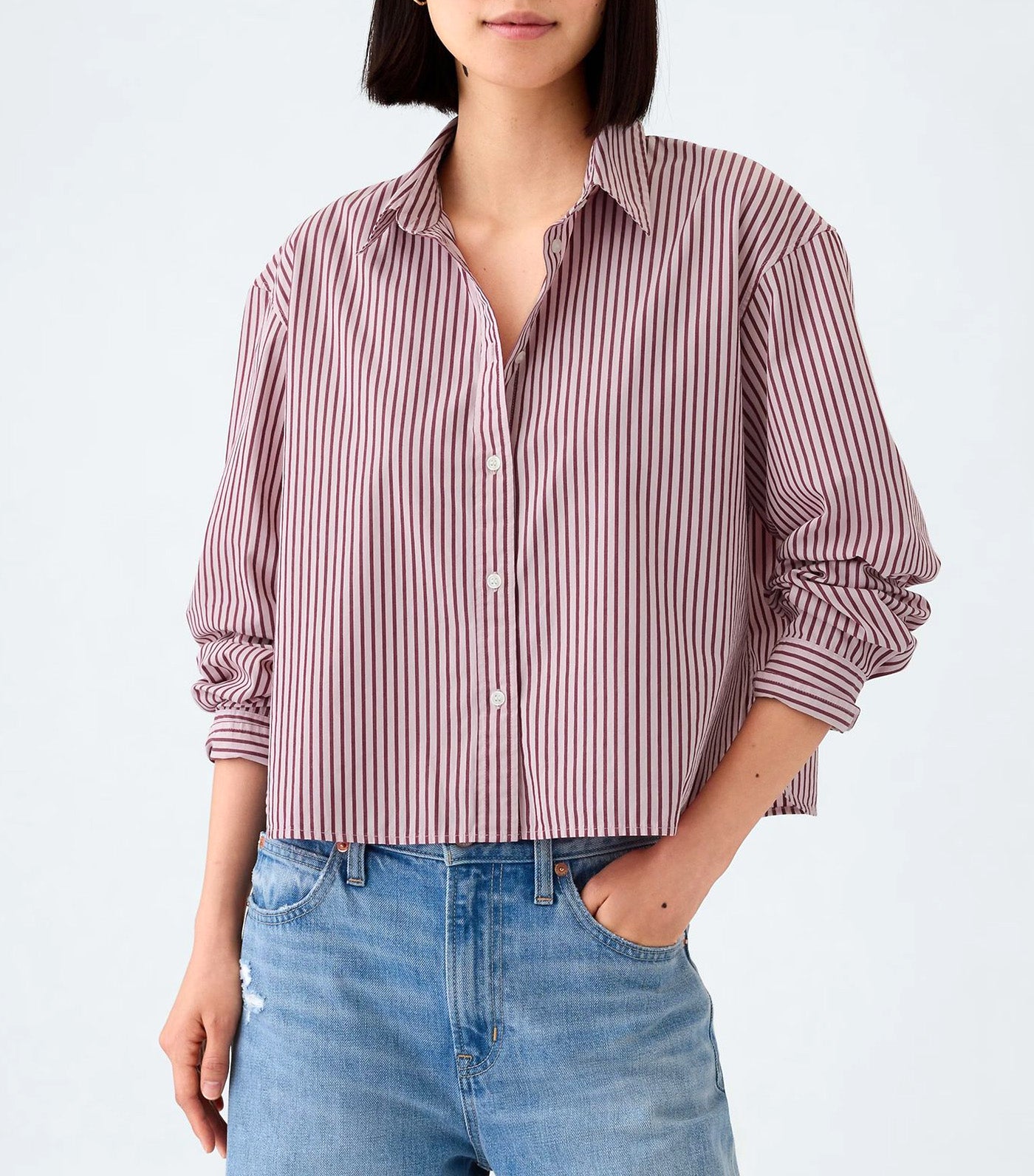 Linen Cropped Shirt Red Pink Stripe