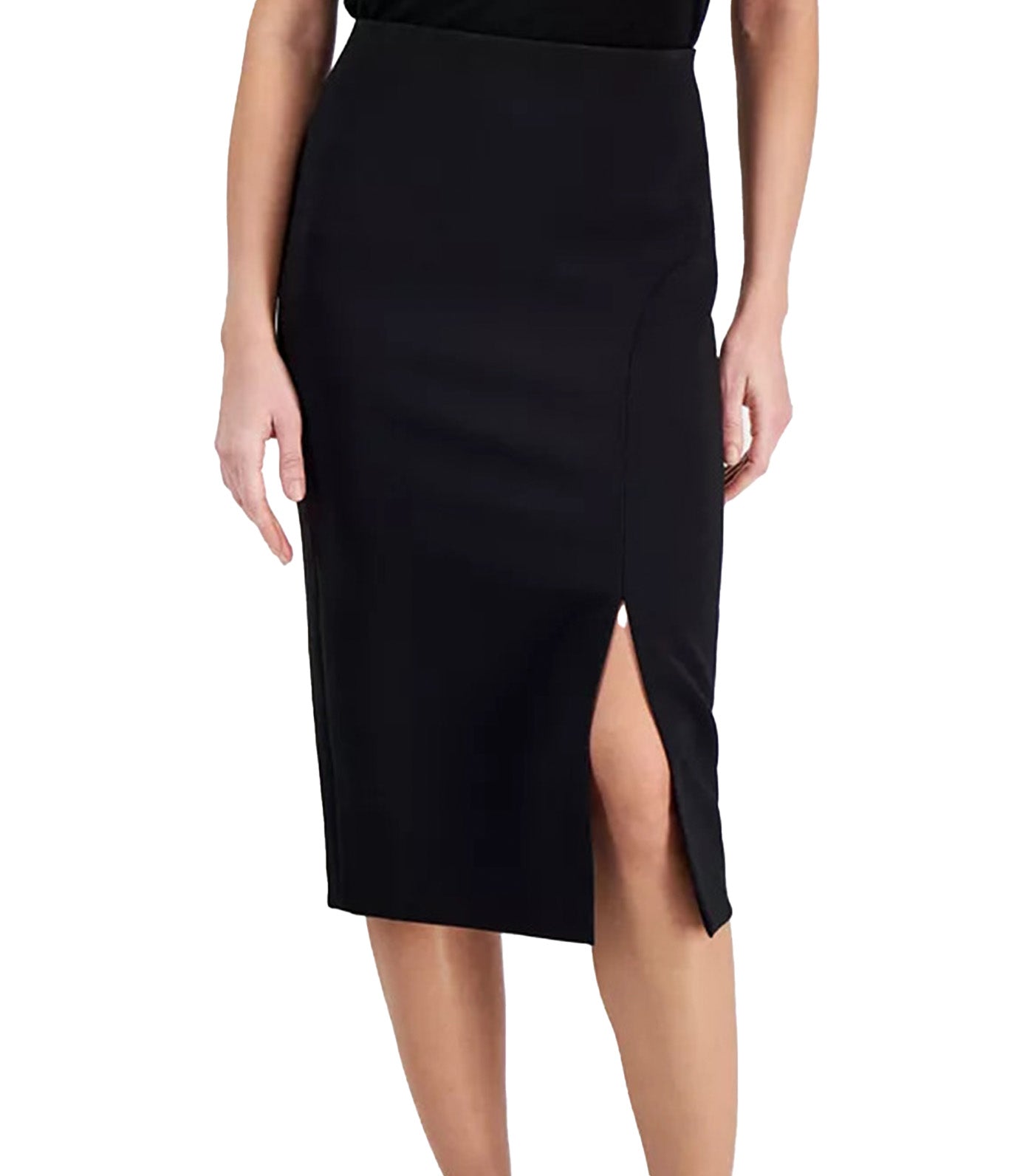 Solid Pull-On Asymmetrical-Slit Midi Skirt