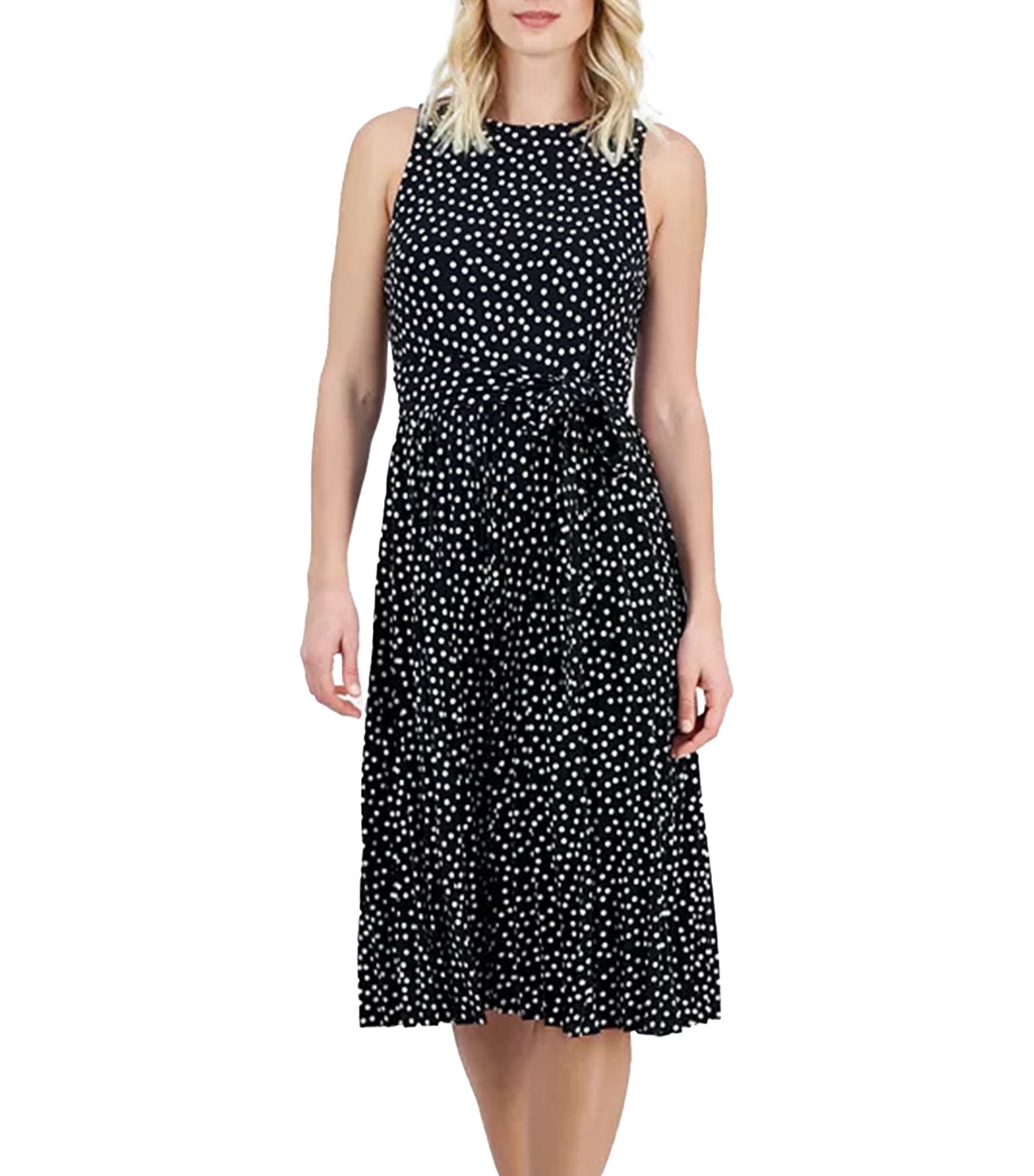 Dot-Print Tie-Front Pleated Sleeveless Midi Dress
