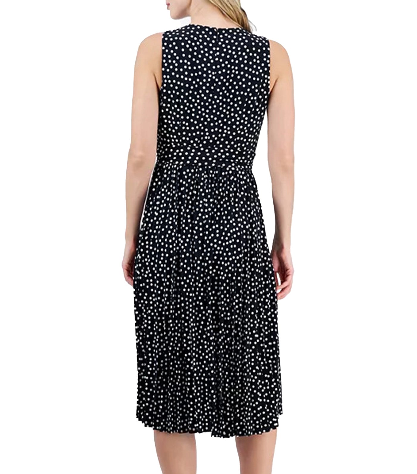 Dot-Print Tie-Front Pleated Sleeveless Midi Dress