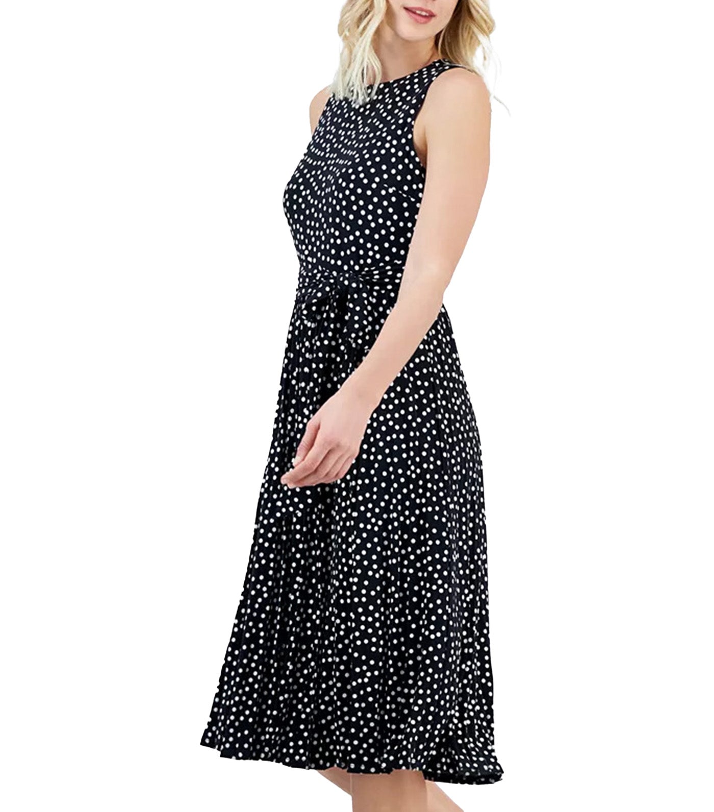 Dot-Print Tie-Front Pleated Sleeveless Midi Dress