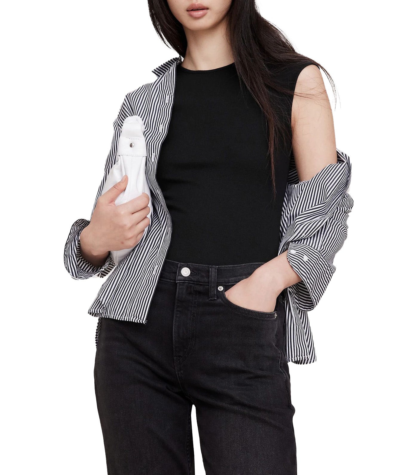 Ribbed Cap-Sleeve T-Shirt Black