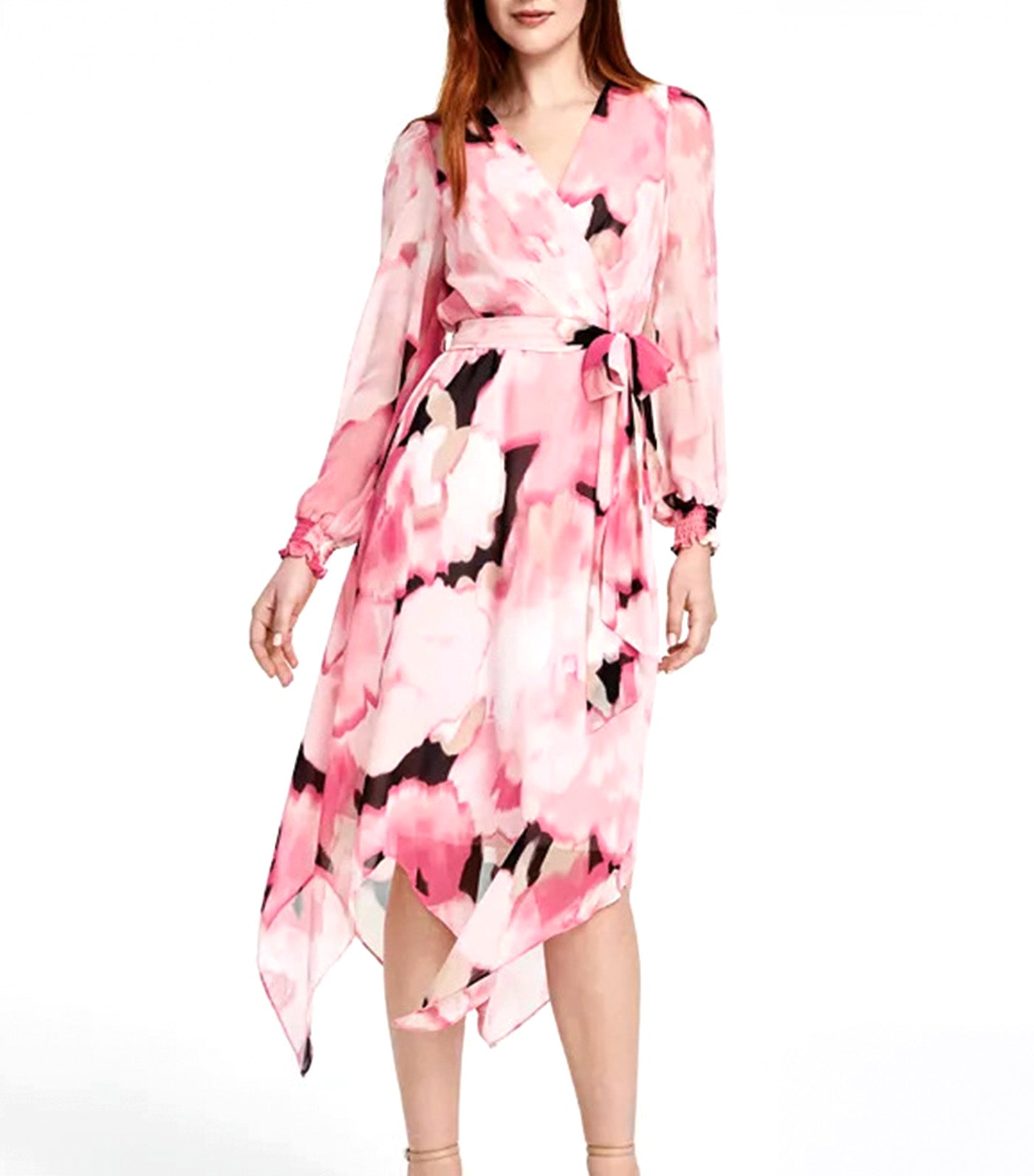 Women's Printed Smocked-Cuff Midi Dress Peony Pink