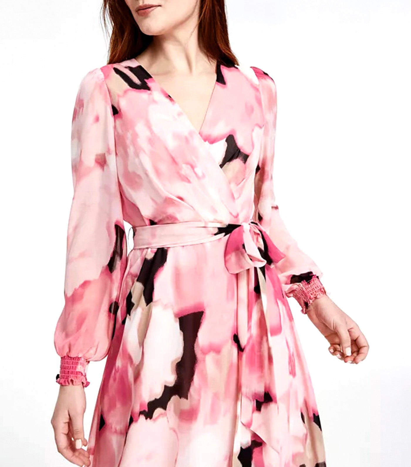 Women's Printed Smocked-Cuff Midi Dress Peony Pink