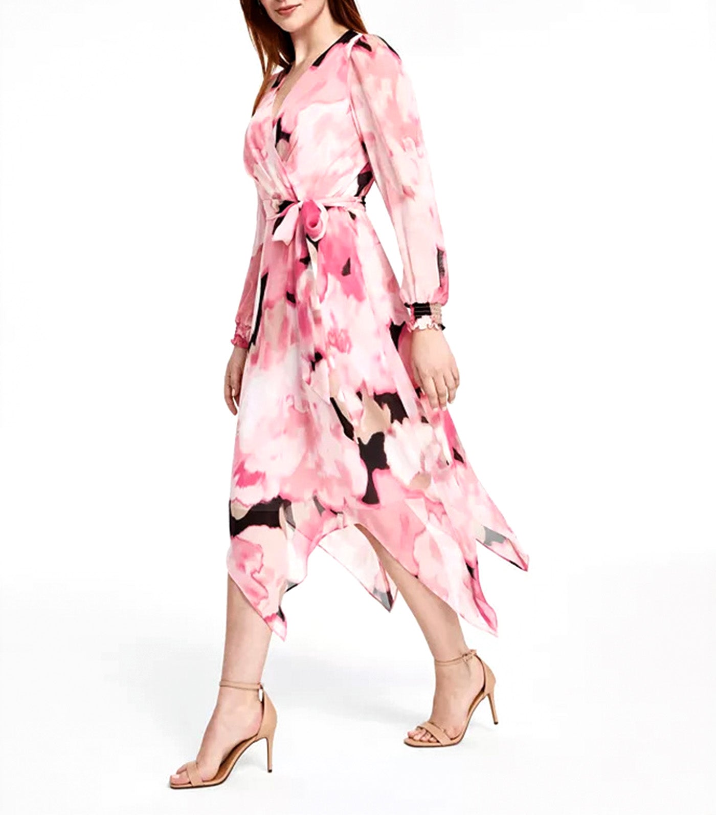 Women's Printed Smocked-Cuff Midi Dress Peony Pink