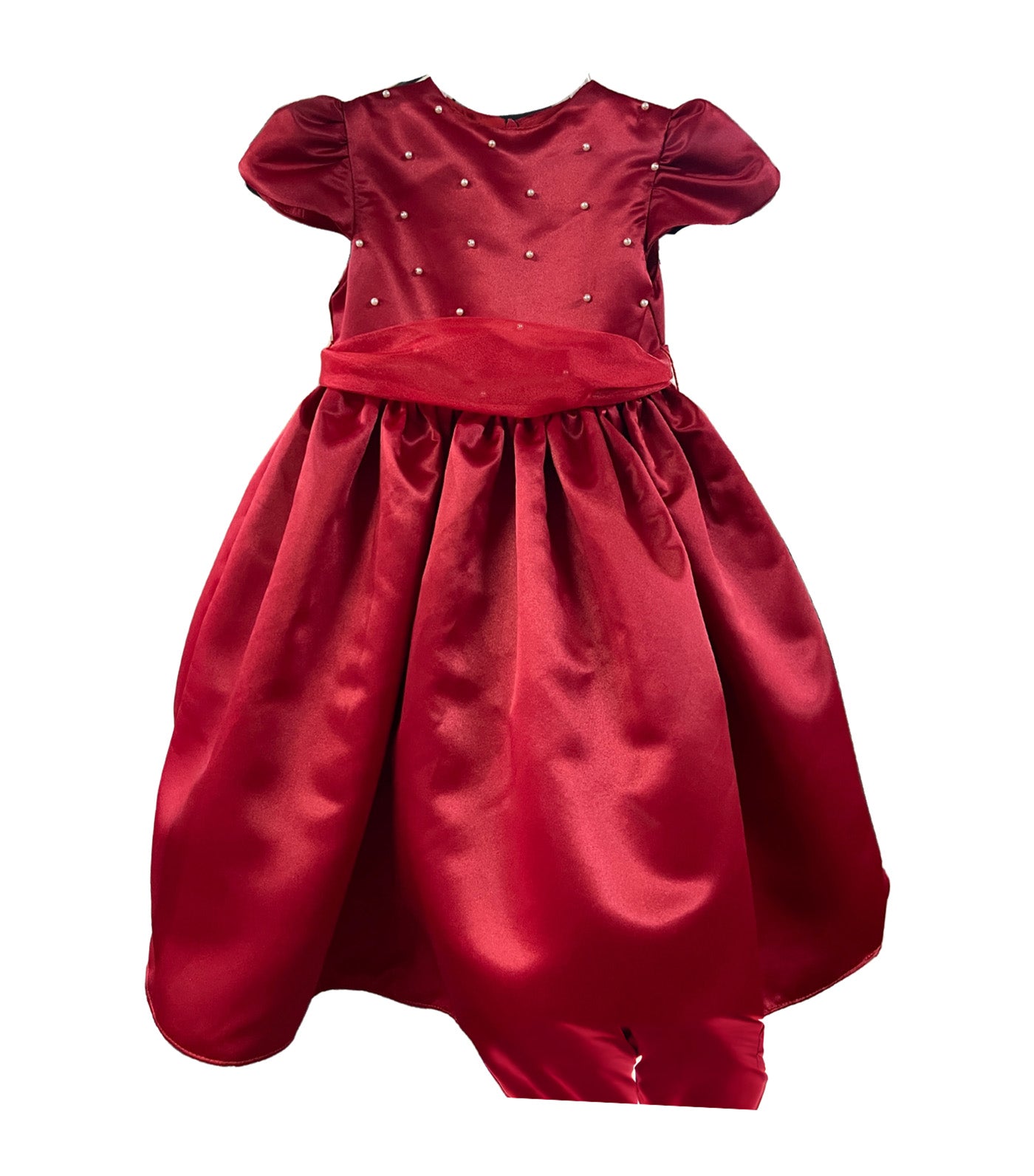 Satin Dress with Sleeves and Pearls Red