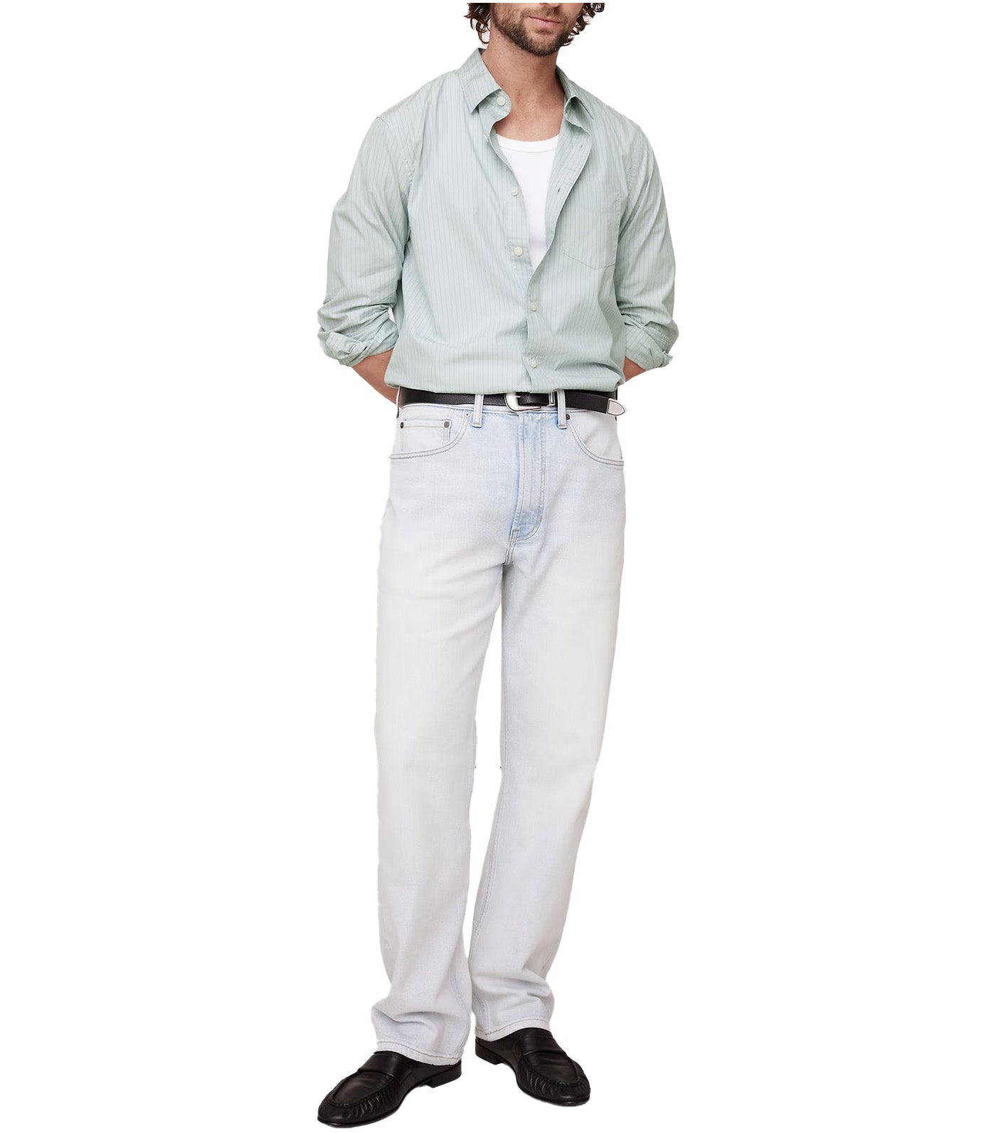 Washed Cotton Poplin Shirt Green Stripe