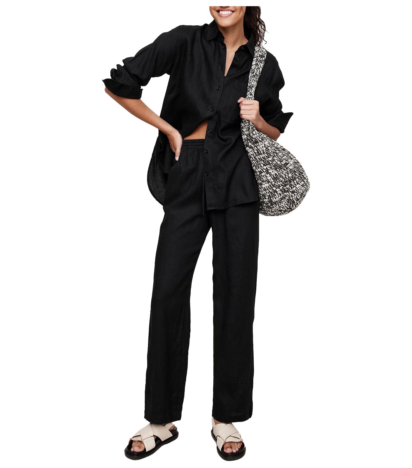 Linen Pull-On Ankle Pant Black