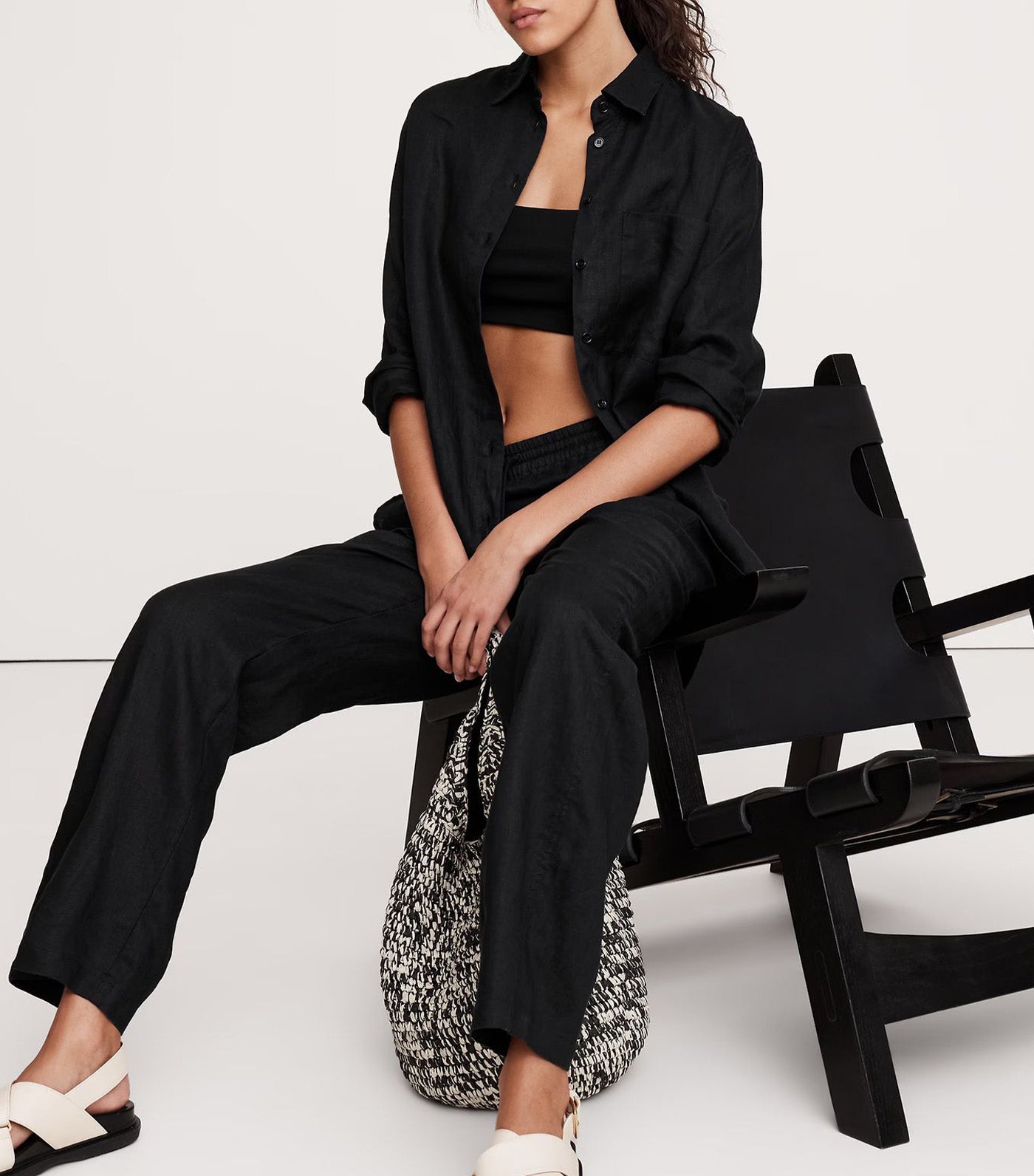 Linen Pull-On Ankle Pant Black