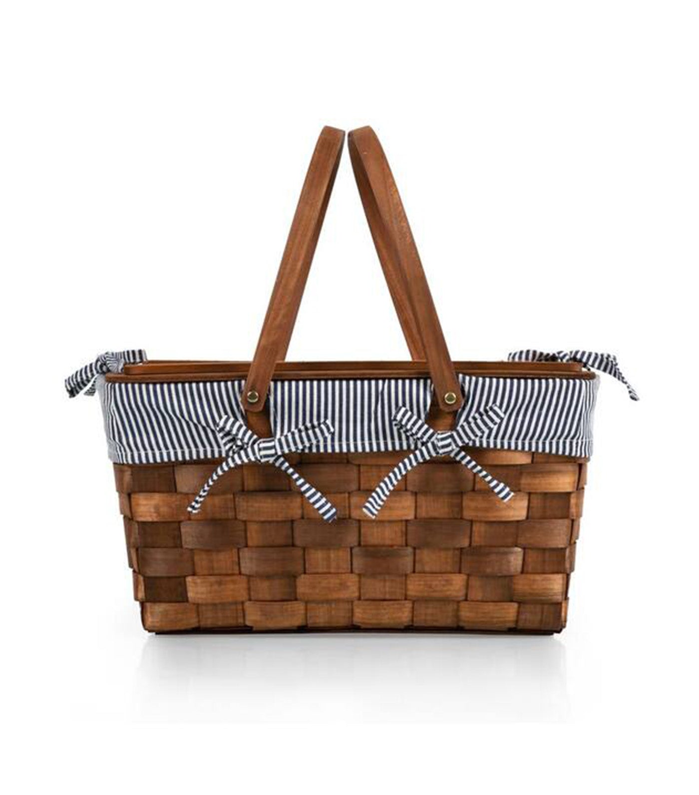 Kansas Handwoven Wood Picnic Basket Navy Blue & White Stripe