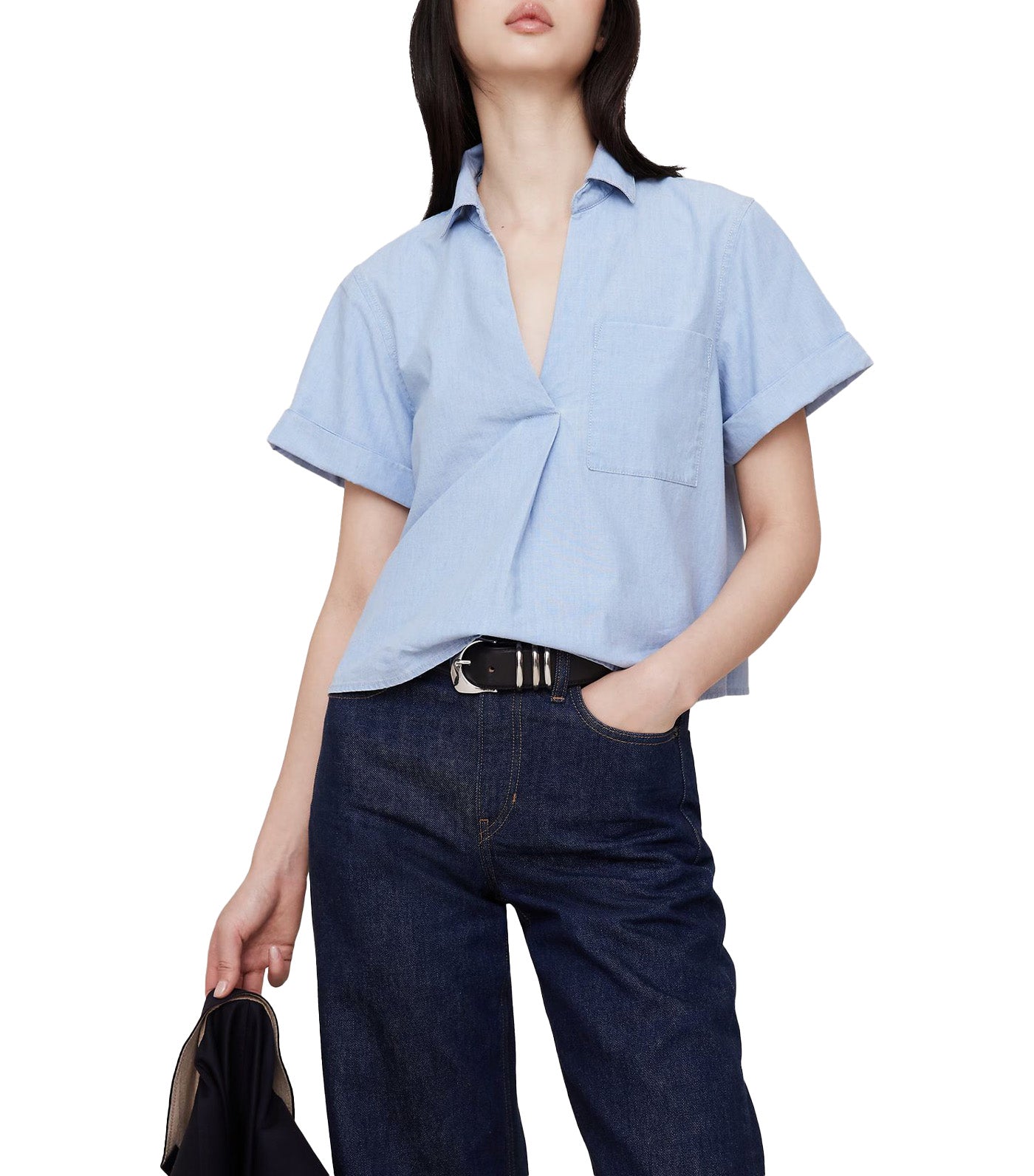 Chambray Cropped Popover Shirt Light Wash