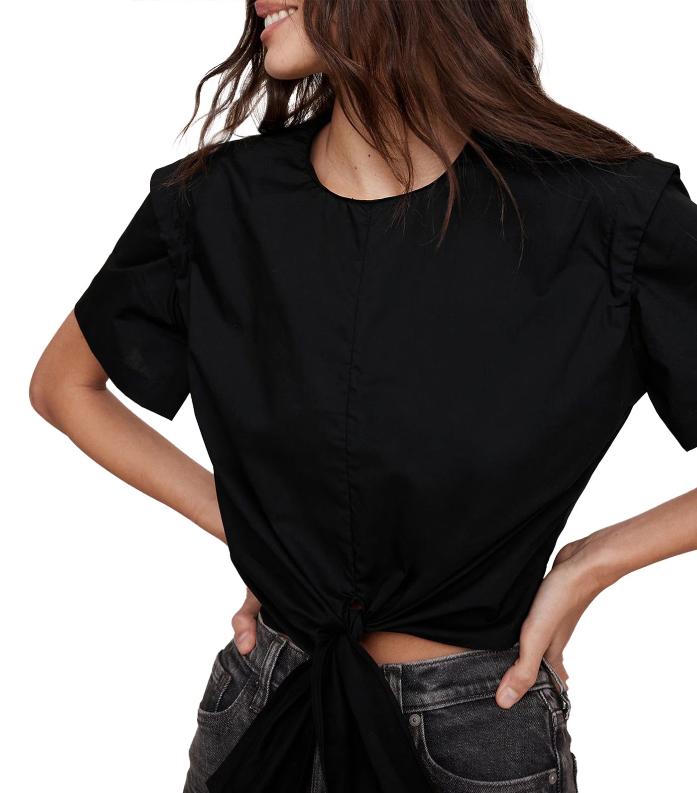 Cotton Poplin Tie-Front Top Black