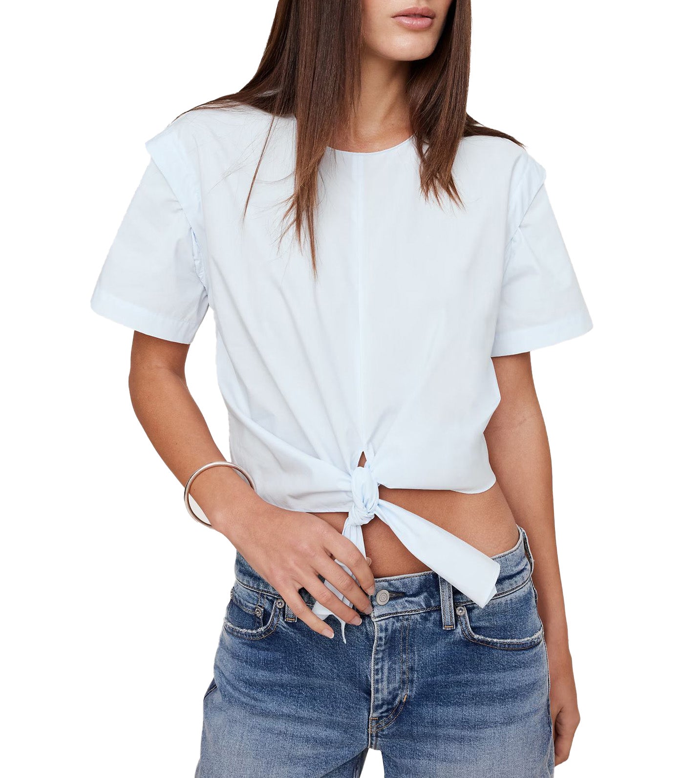 Cotton Poplin Popover Tie-Neck Top Dusty Blue